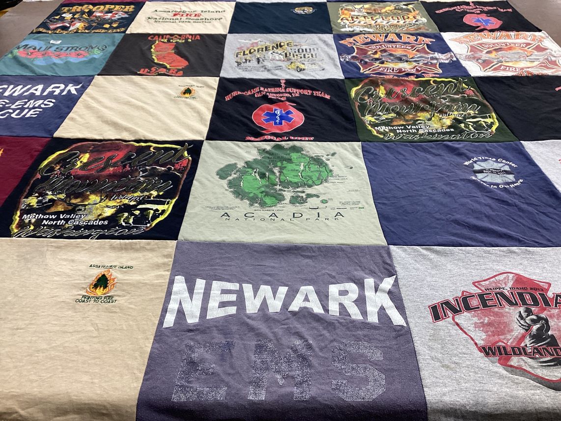 T-shirt quilt with outdoor activities, emergency services themes by Christopher from MD