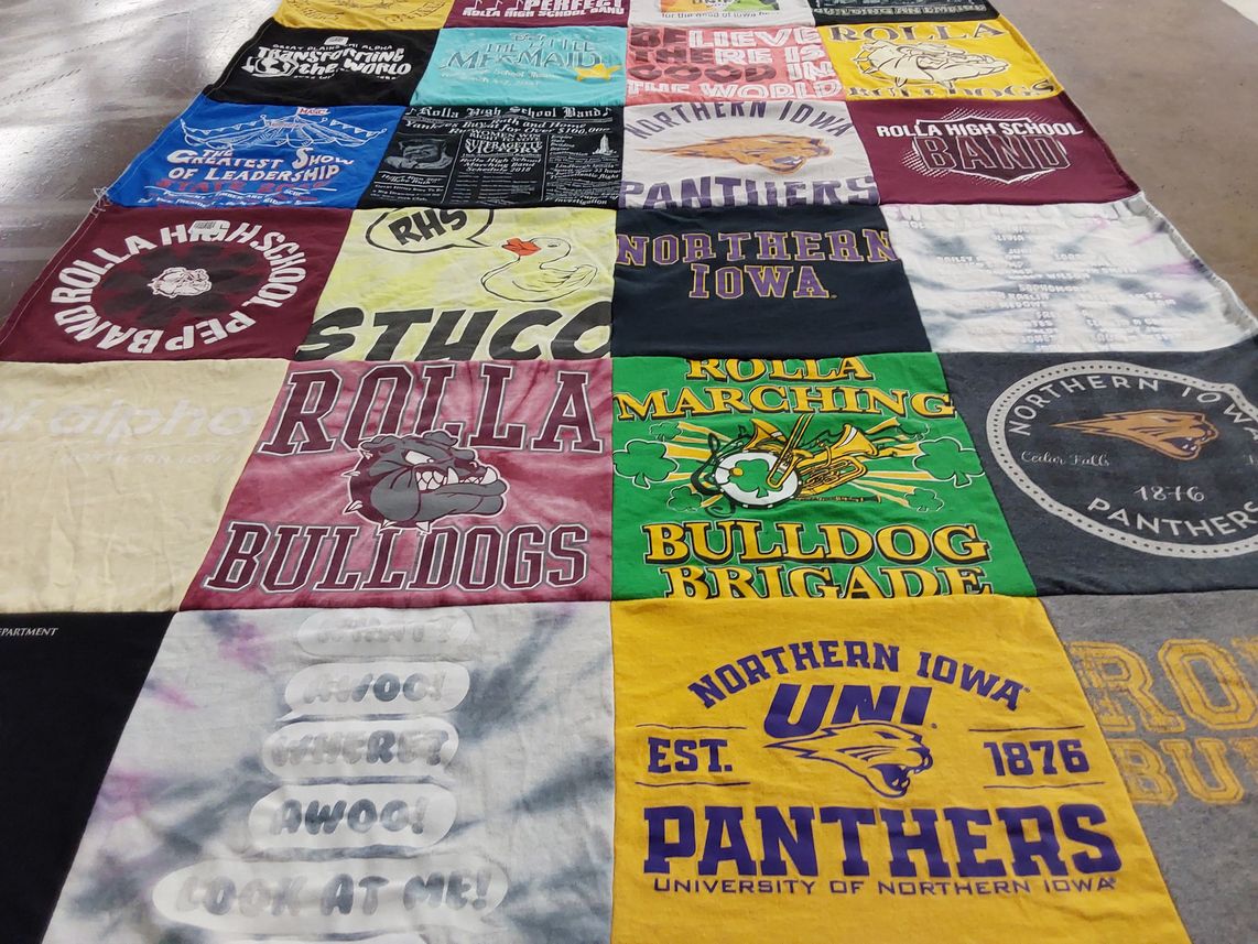 T-shirt quilt featuring rolla high school bulldogs, northern iowa panthers by Christine from IA