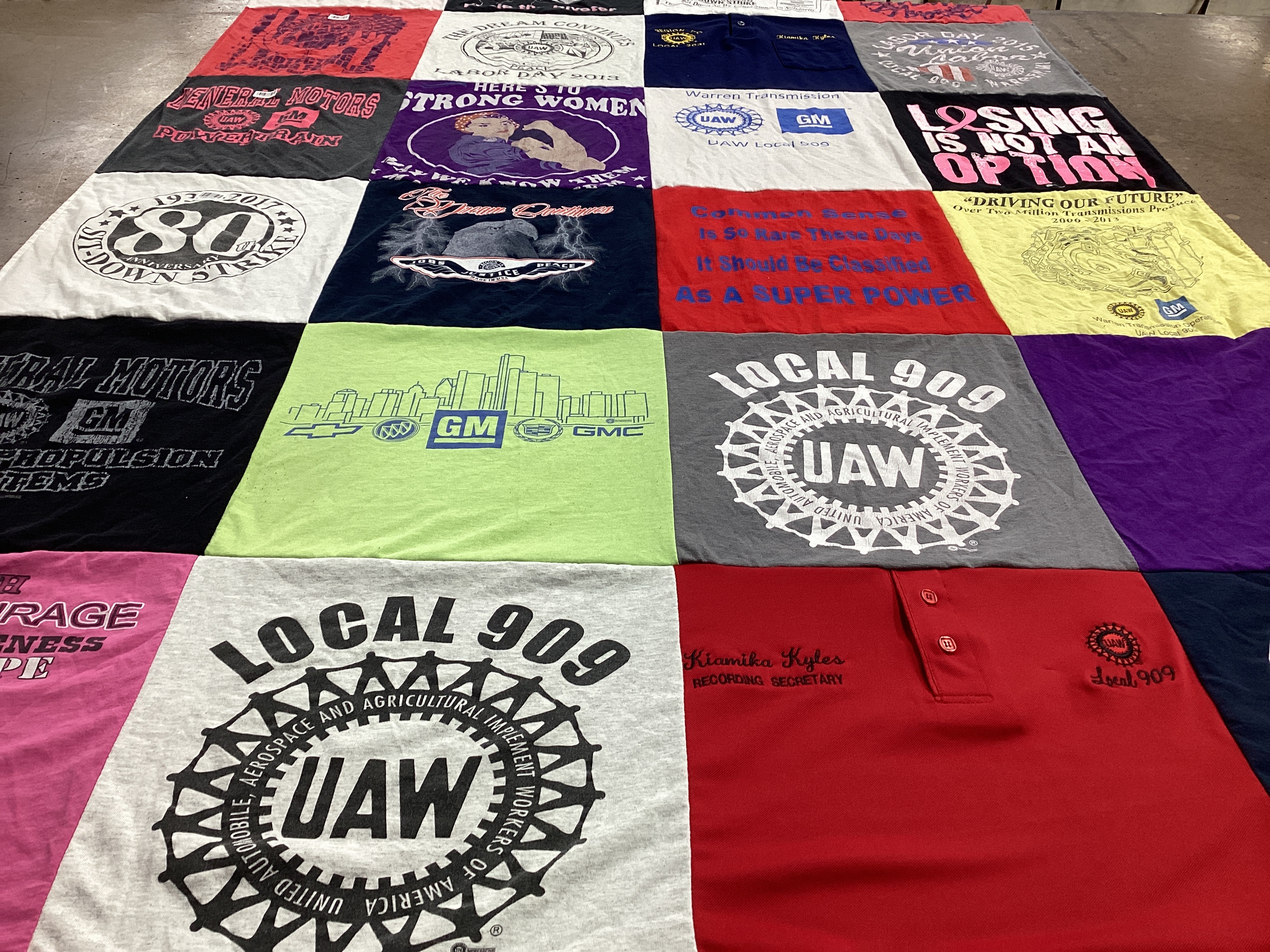 T-shirt quilt with automobiles, labor themes by Kiamika from MI