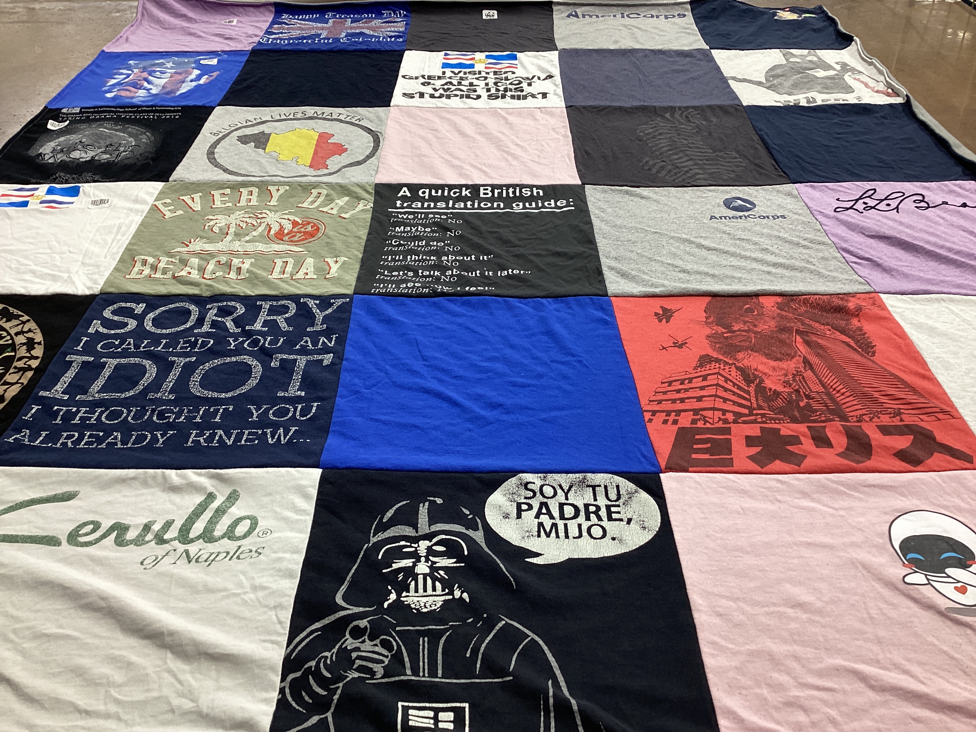 T-shirt quilt with humor, cultural diversity themes by Ava from VT