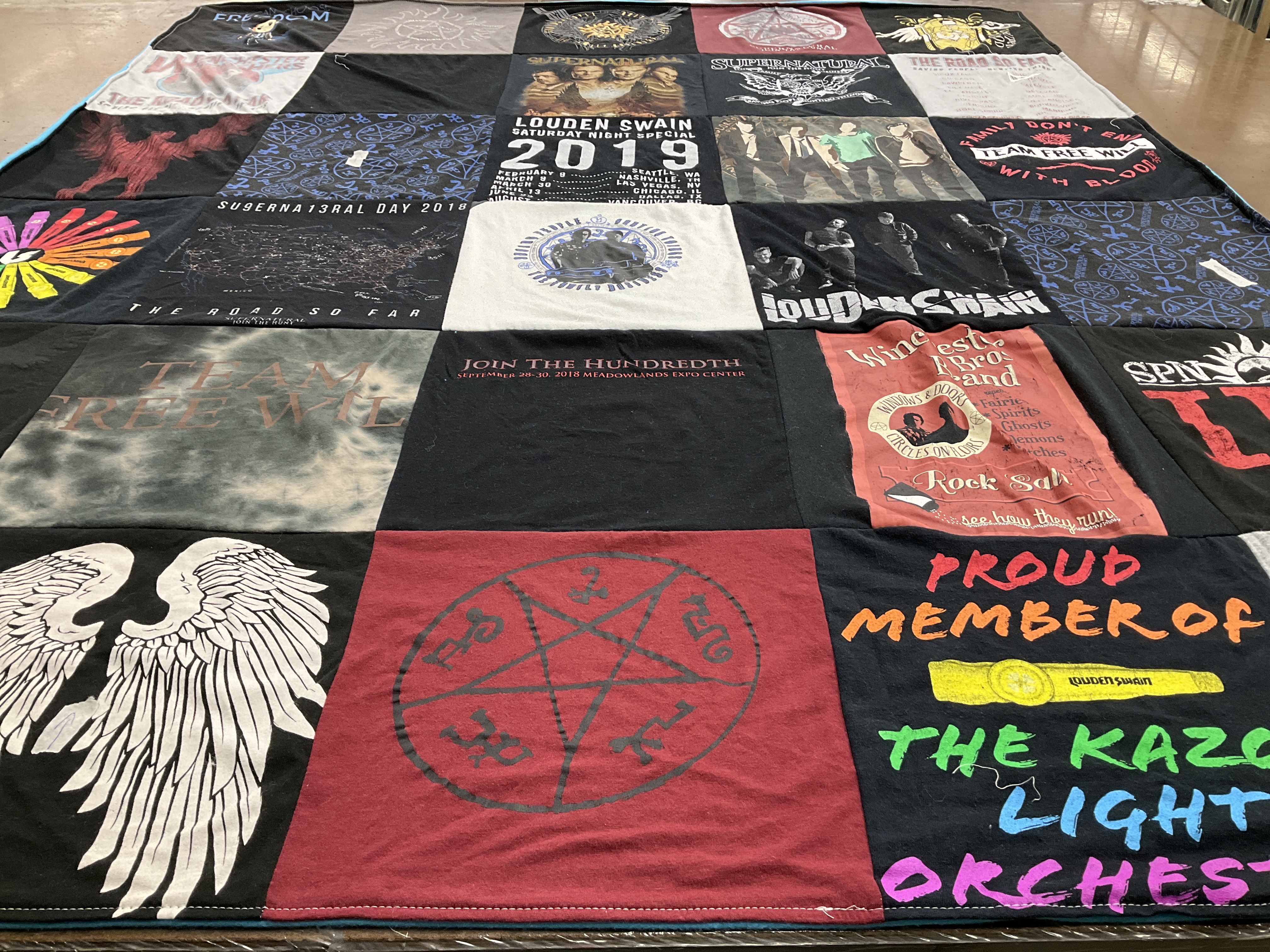 T-shirt quilt with music, concerts themes by Linda from NY