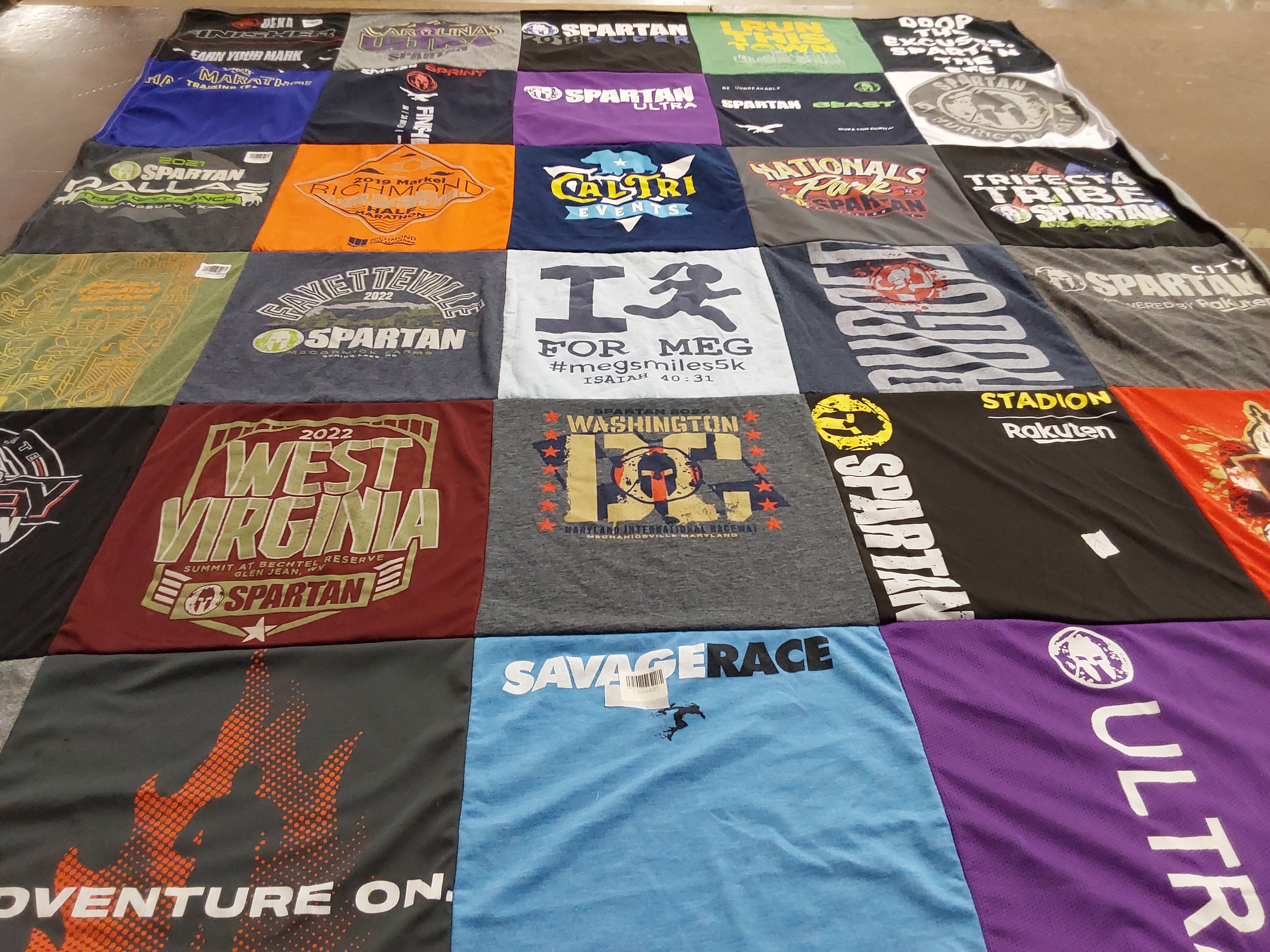 T-shirt quilt with obstacle racing, fitness themes by Dawn from VA