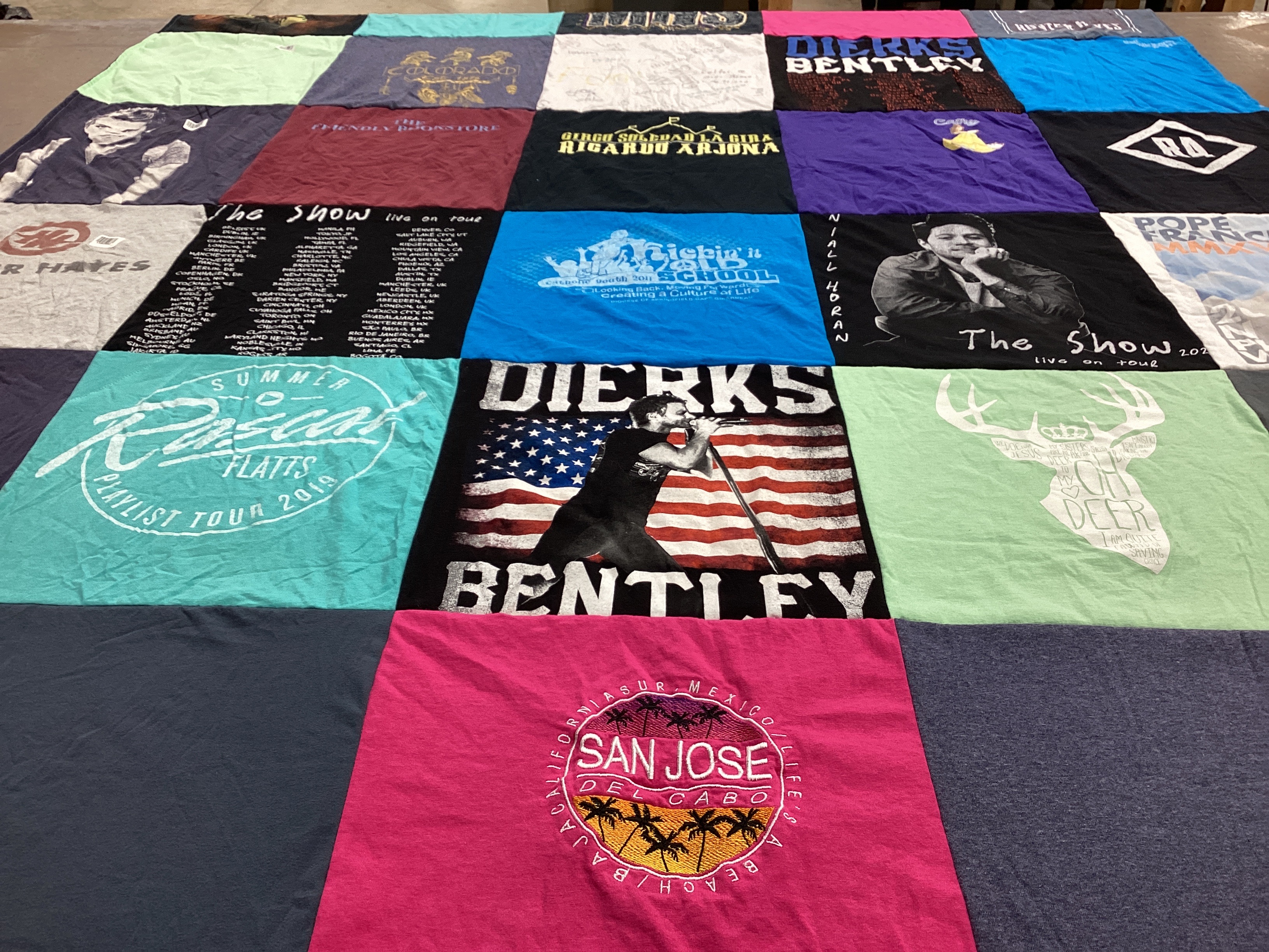 T-shirt quilt with music, concerts themes by Catherine from AR