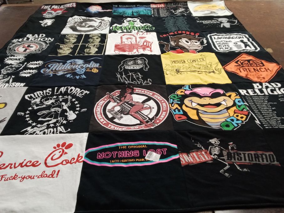 T-shirt quilt with punk, music themes by Gabriel from TX