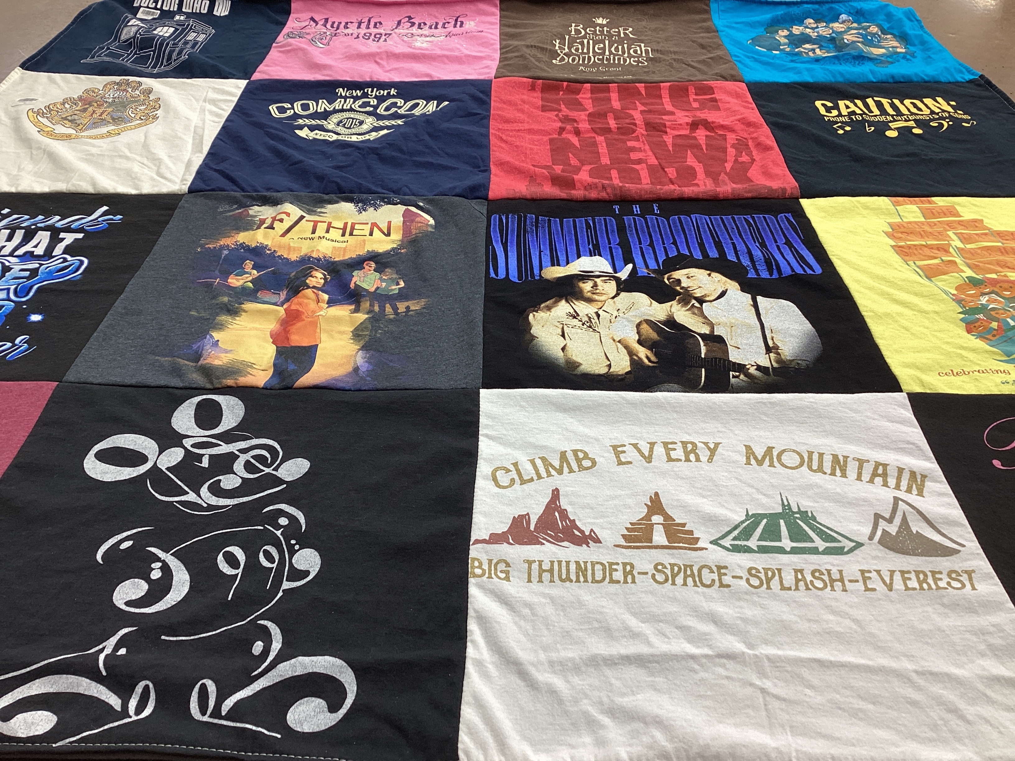 T-shirt quilt with theater, music themes by Jean from NJ