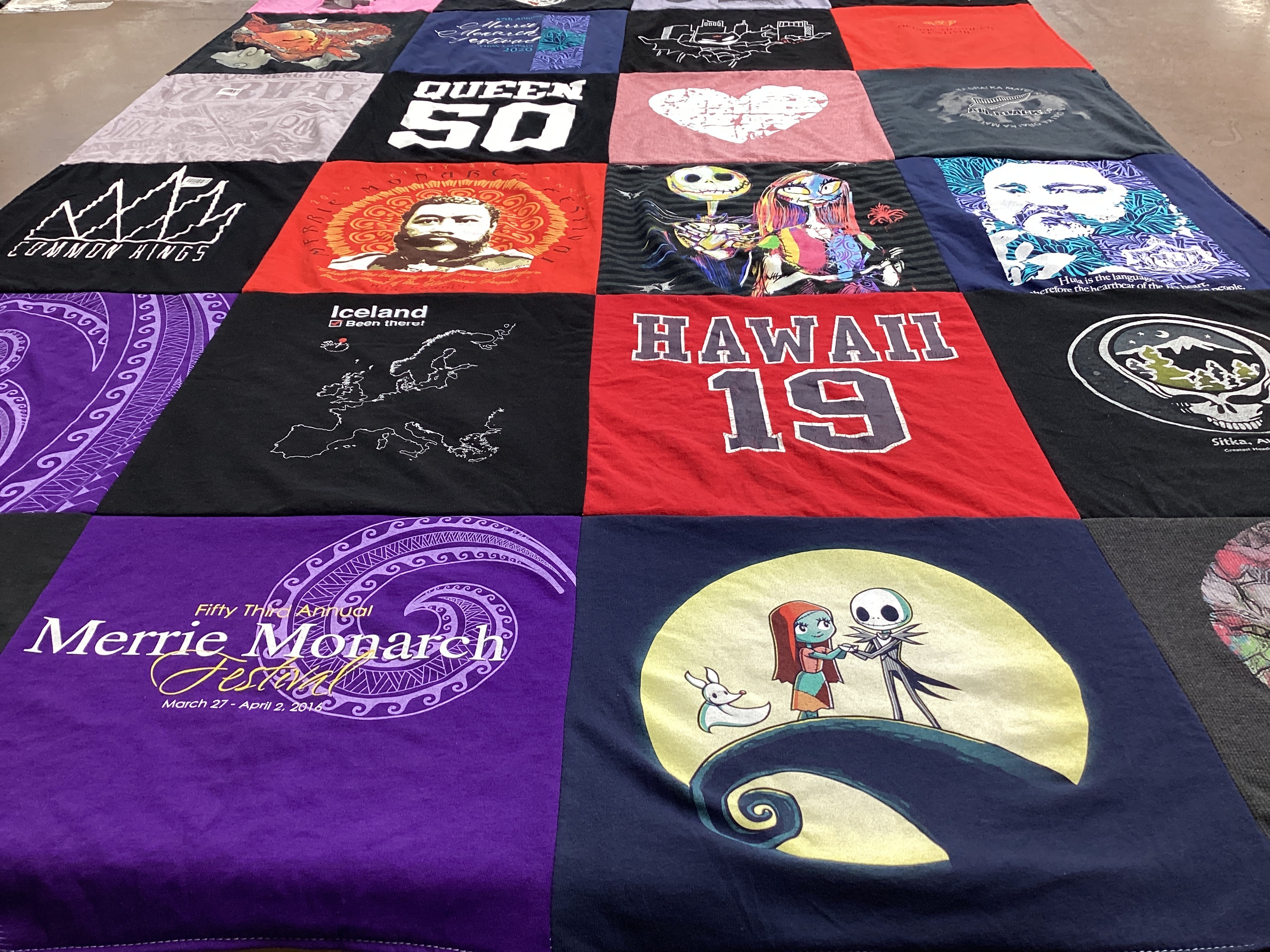 T-shirt quilt with music, travel themes by Ellen from CA