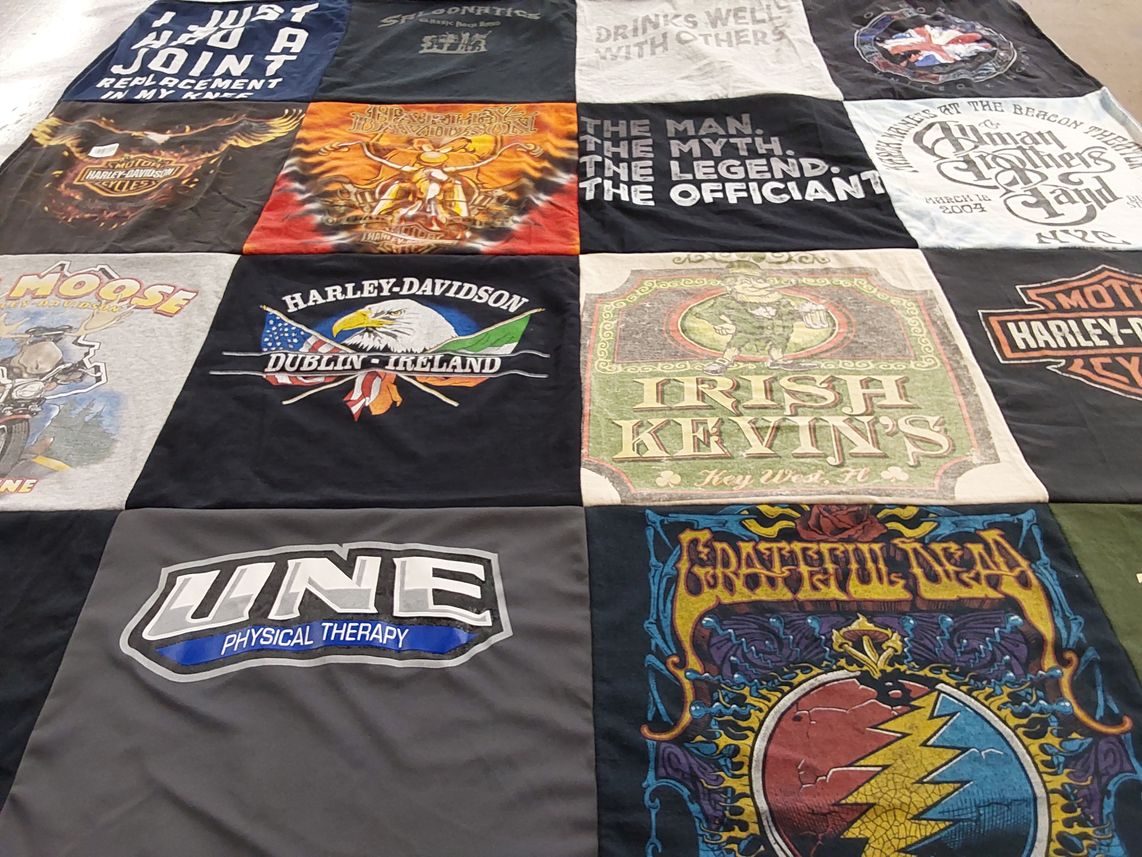 T-shirt quilt with motorcycles, pubs themes by Theresa from NJ