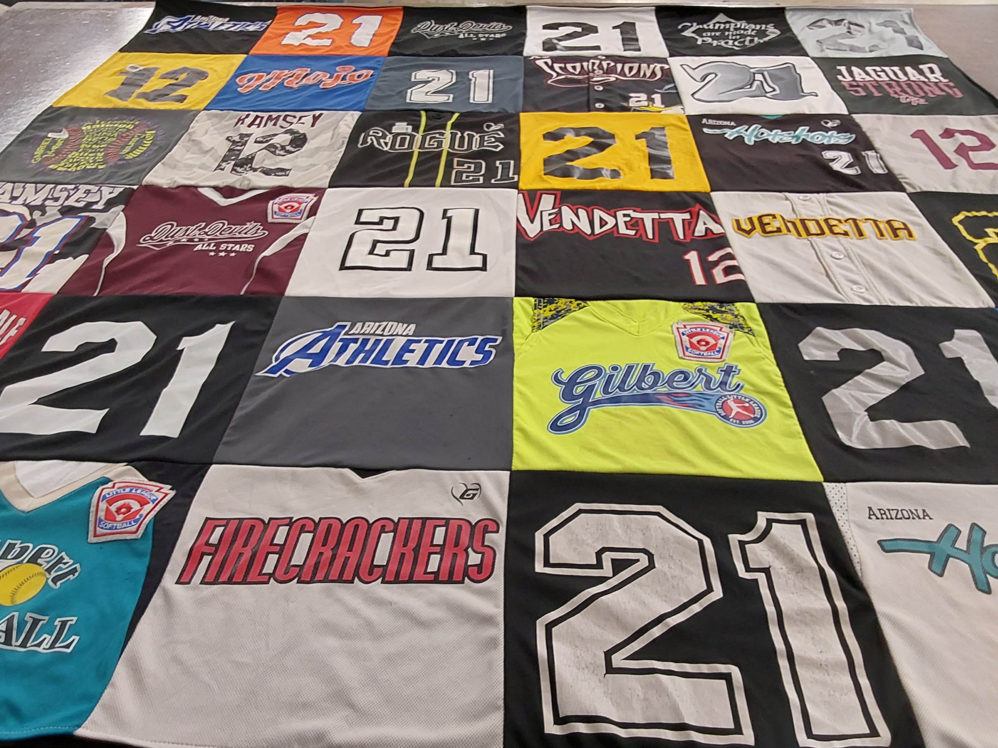 T-shirt quilt with softball, baseball themes by Jaylynne from AZ