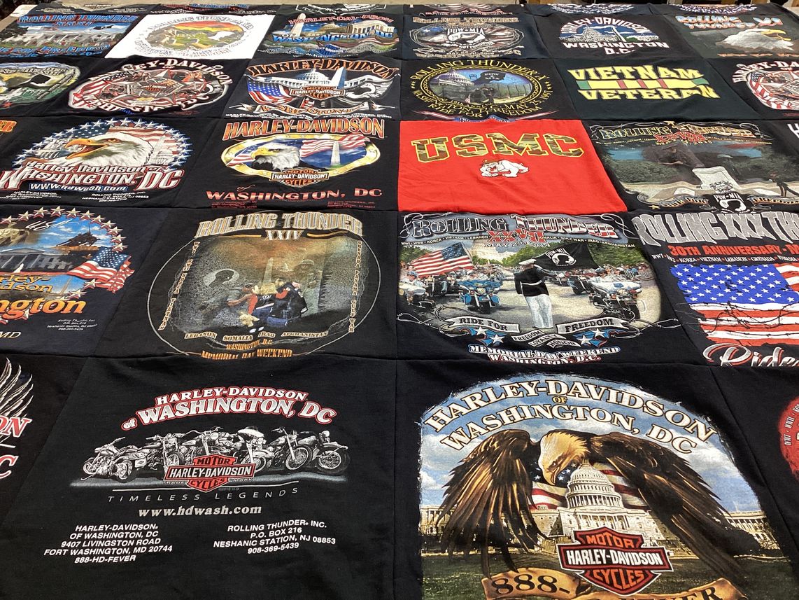T-shirt quilt with motorcycles, veterans themes by Alice from PA