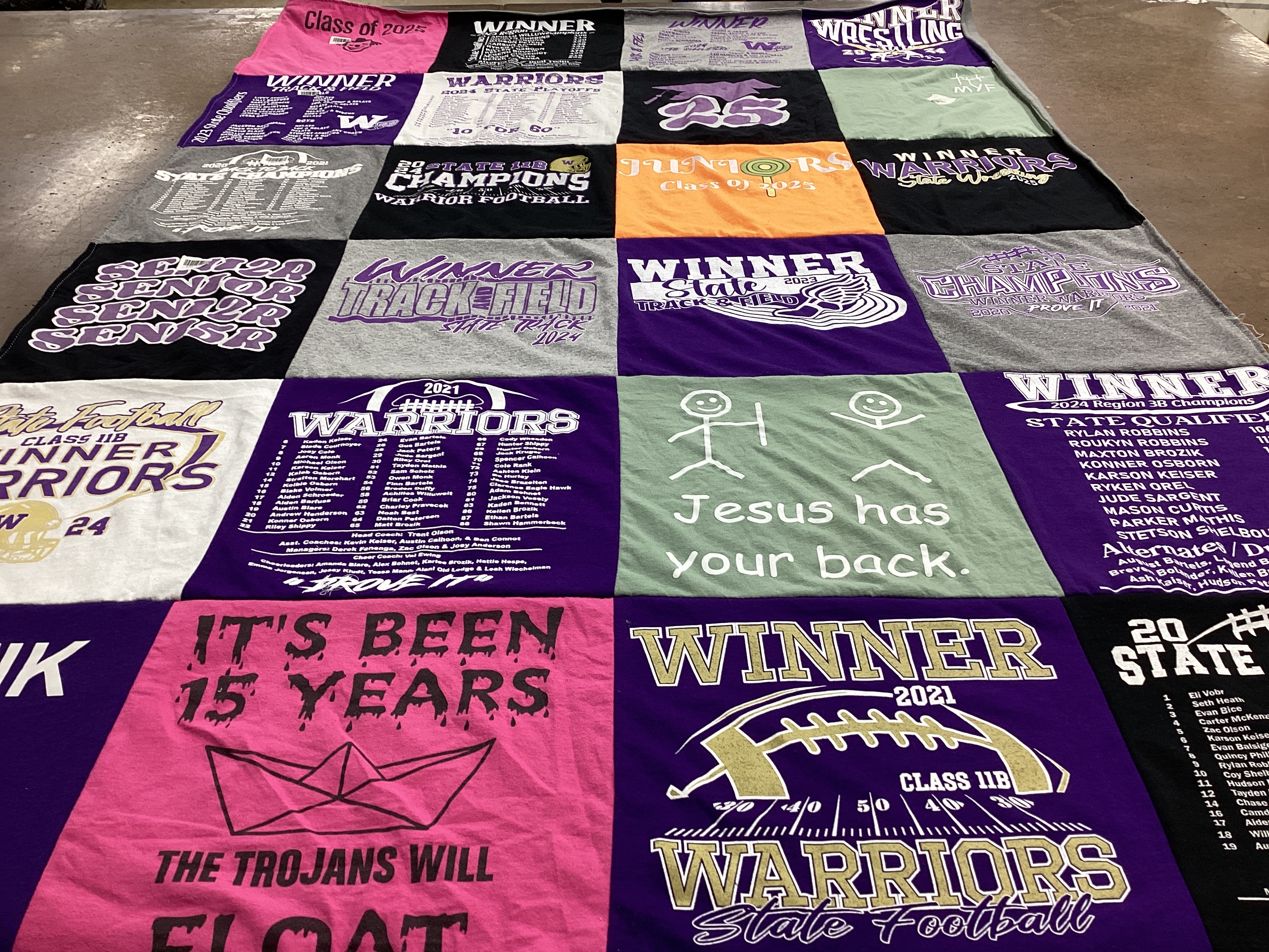 T-shirt quilt featuring winner warriors football, winner track team by Sally from SD