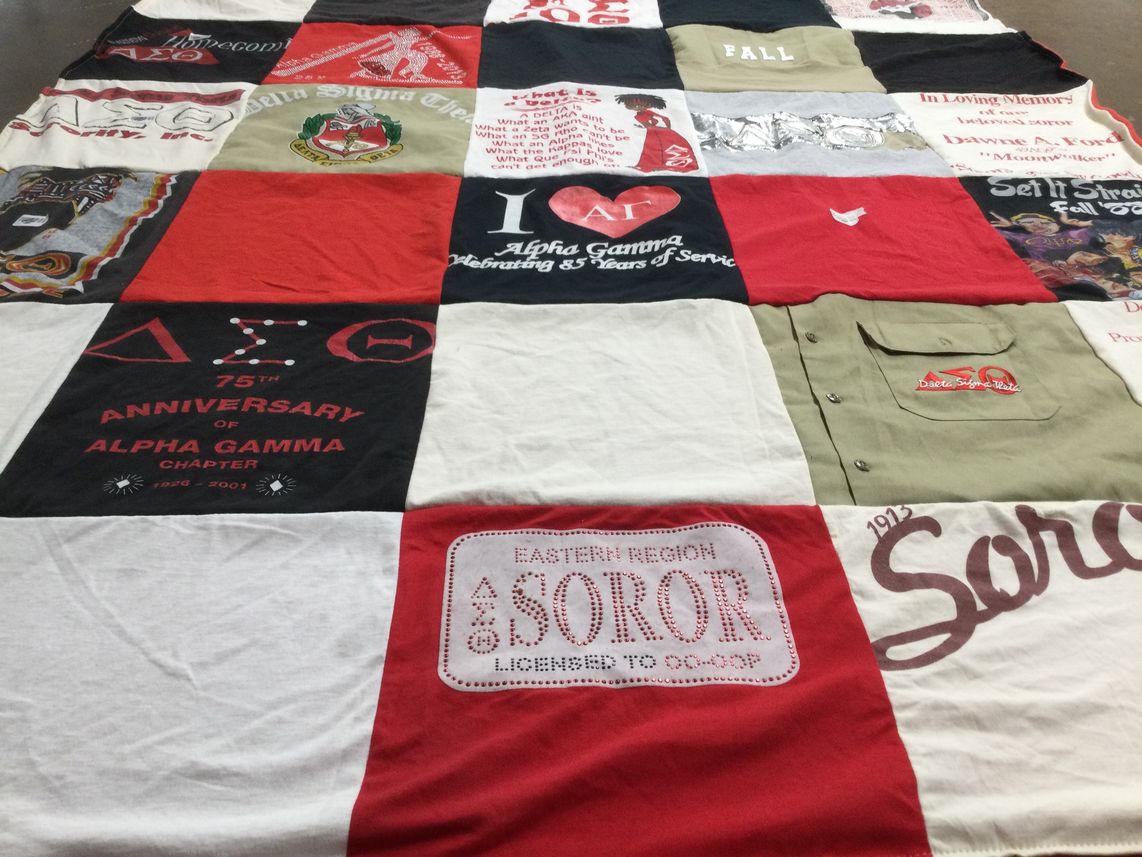 T-shirt quilt with sorority, fraternities themes by Gloria from MD