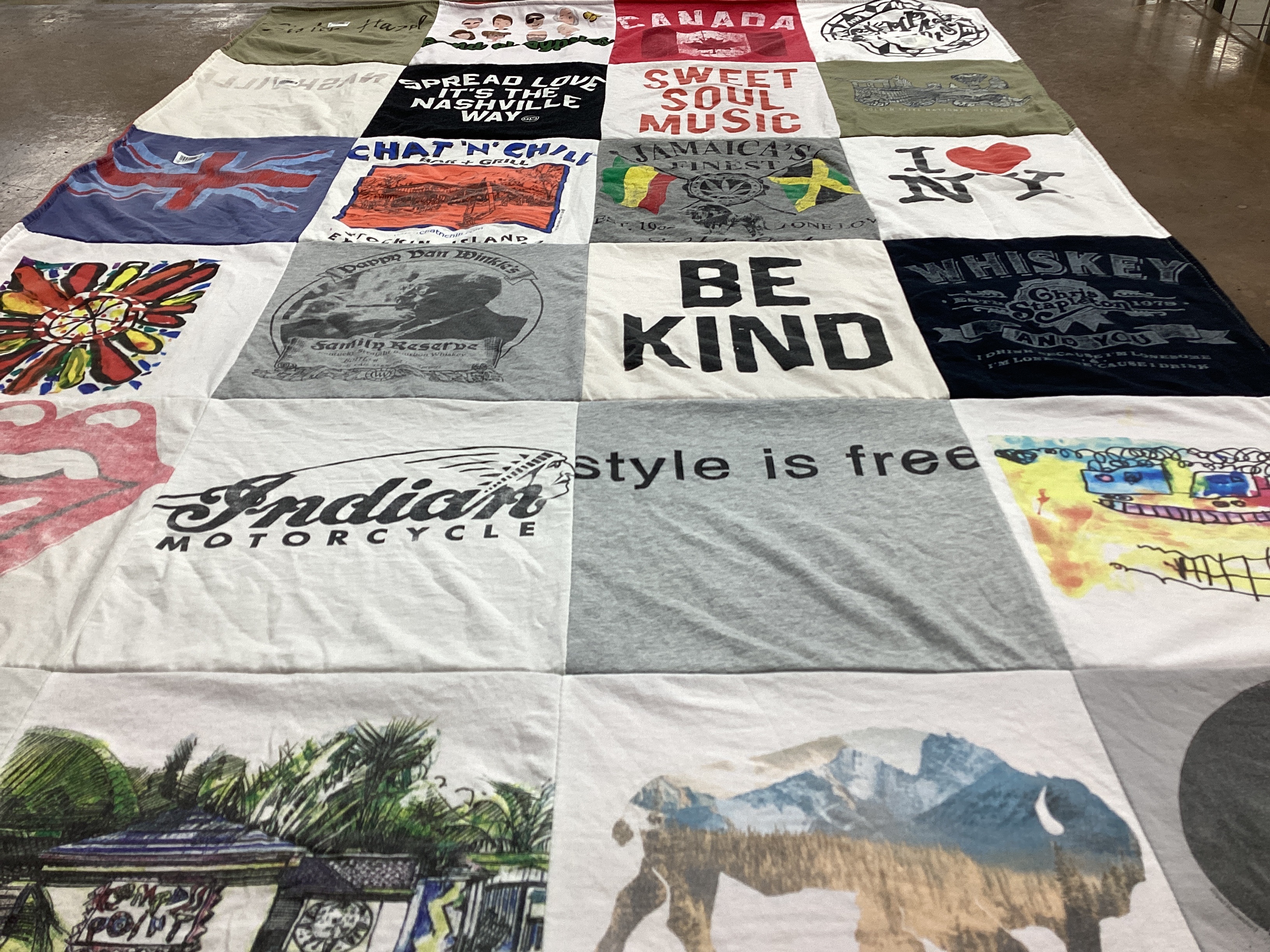 T-shirt quilt with music, travel themes by Katherine from GA