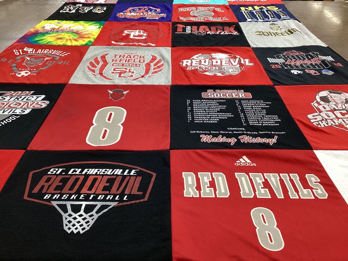 T-shirt quilt featuring st clairsville red devils soccer, st clairsville red devils basketball by Michelle from OH