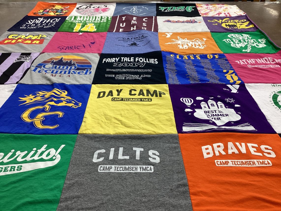 T-shirt quilt with camping, summer programs themes by Stacey from IL
