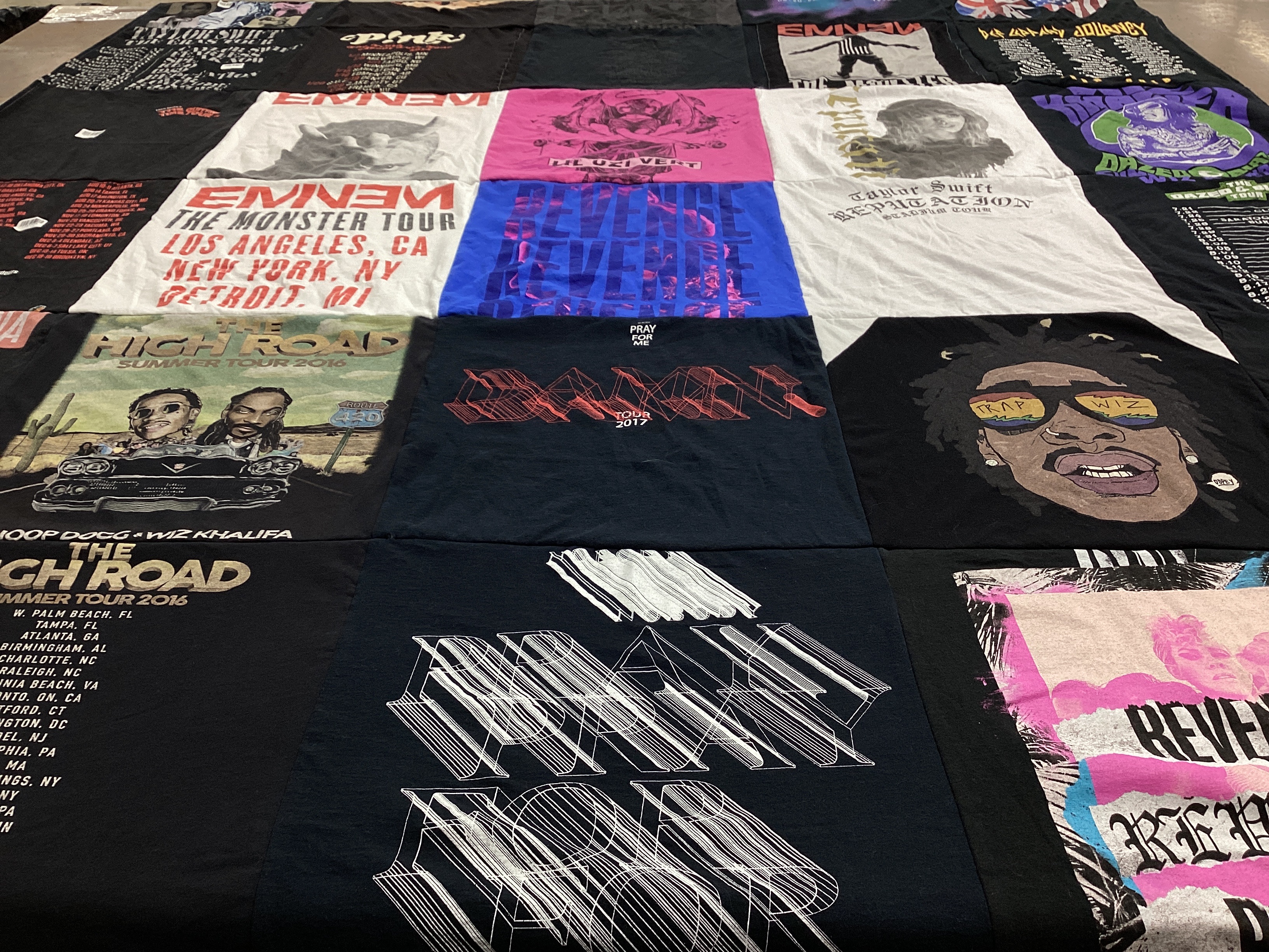 T-shirt quilt with music, concerts themes by Trish from UT