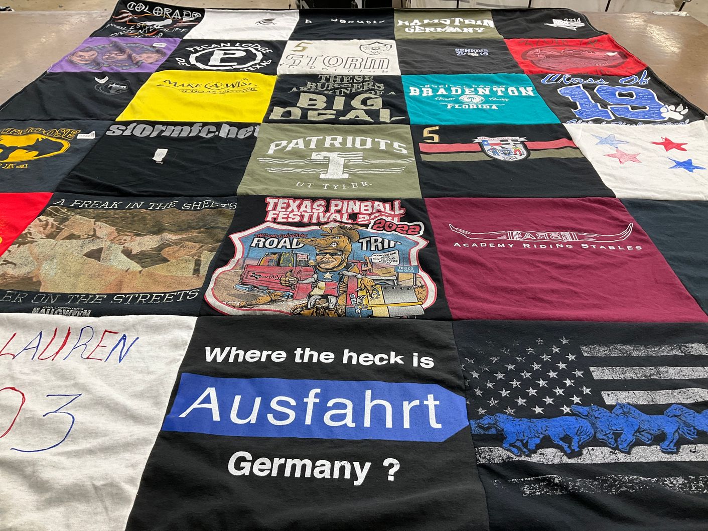 T-shirt quilt with pinball, riding themes by Lauren from TX