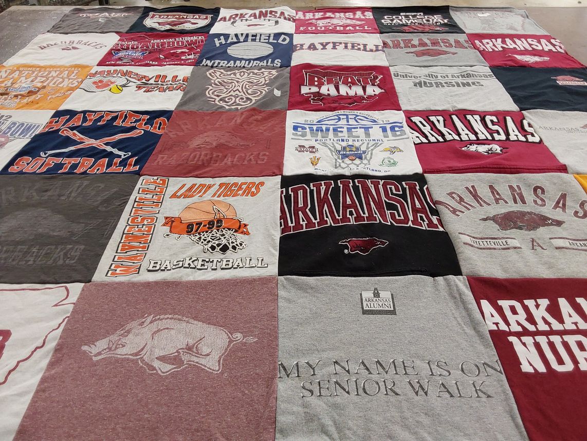 T-shirt quilt featuring hayfield lady tigers basketball, university of arkansas razorbacks football by Rachel from OR