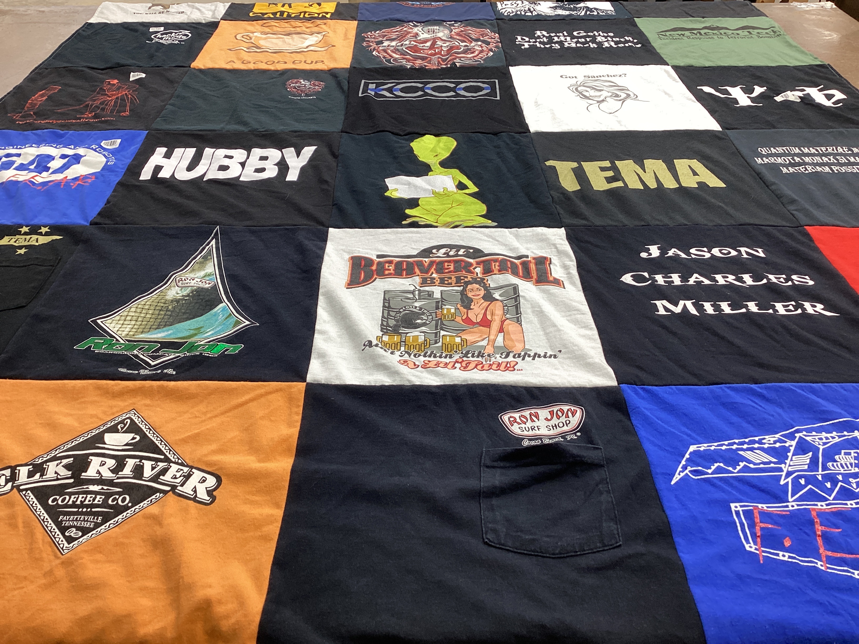 T-shirt quilt with coffee, surfing themes by Todd from TN