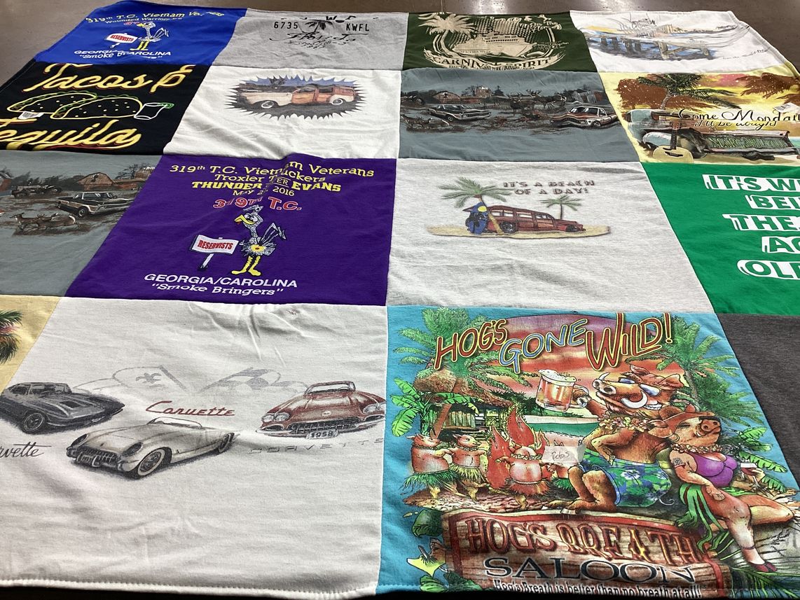 T-shirt quilt with cars, veterans themes by Mary from SC