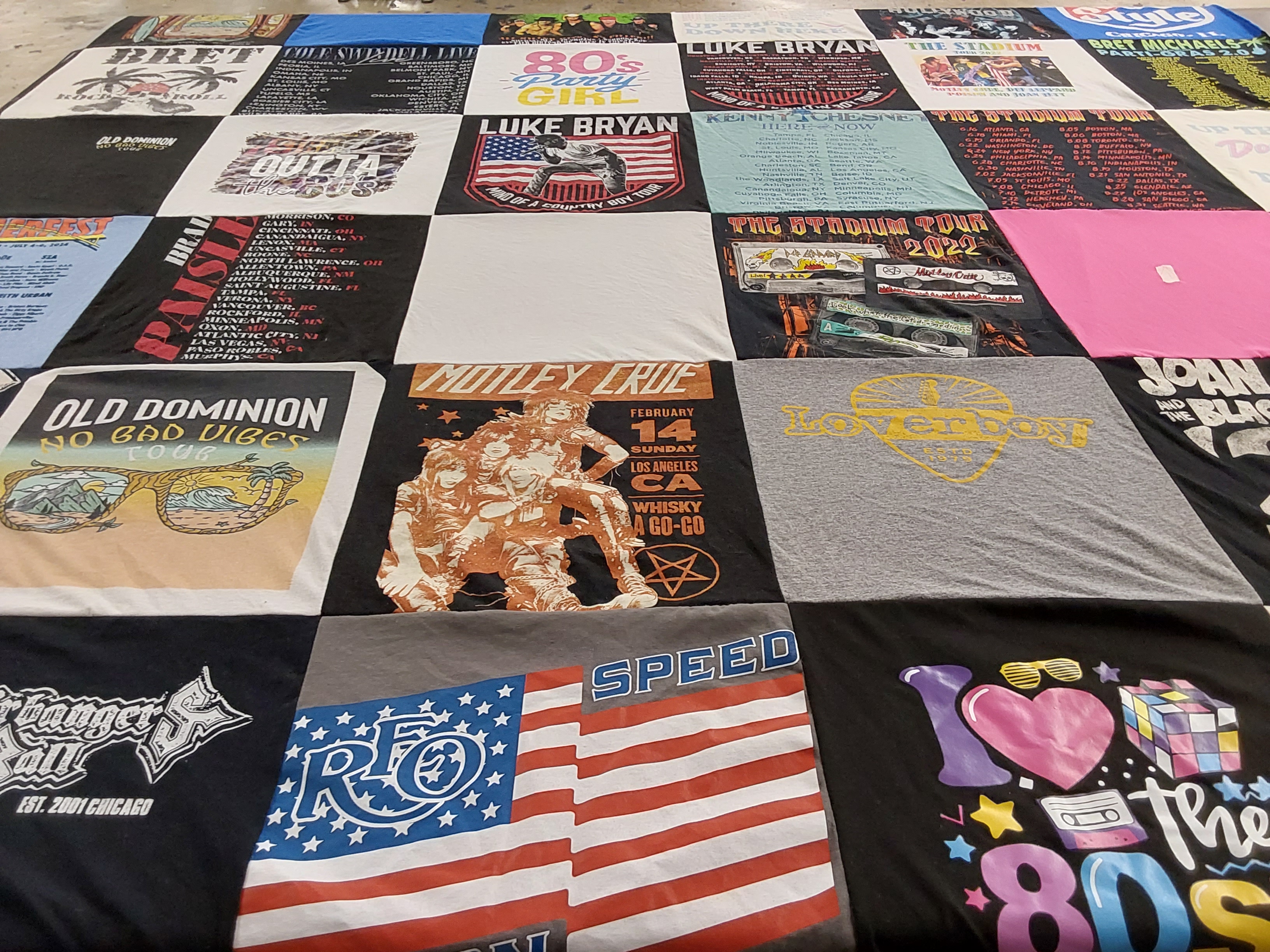 T-shirt quilt with country music, rock music themes by Kimberly from IL