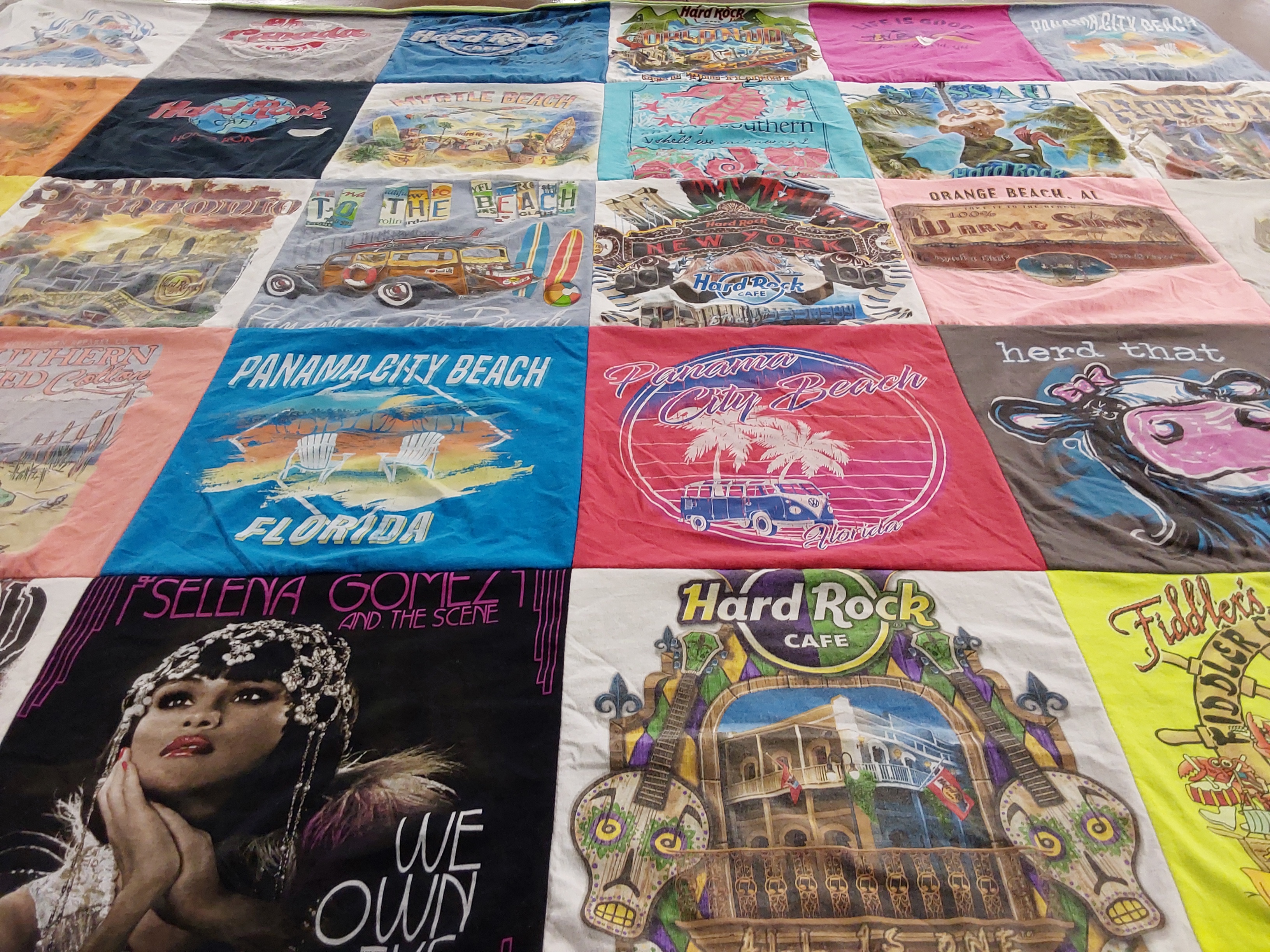 T-shirt quilt with beach, music themes by Beverly from GA