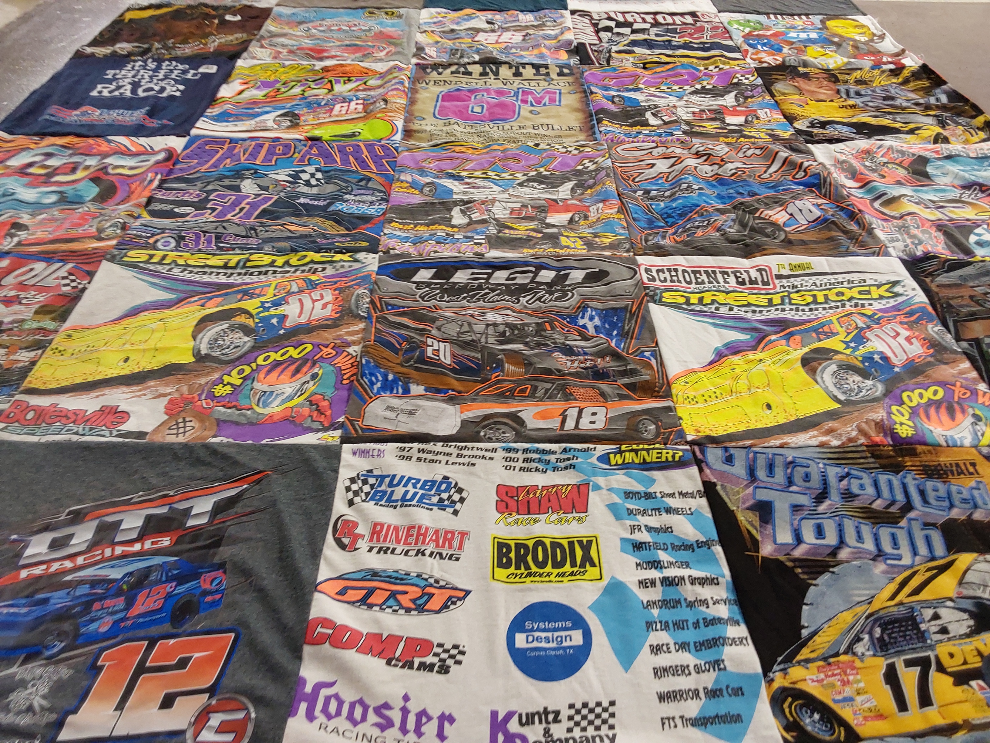 T-shirt quilt with car racing, motorsports themes by Margaret from AR