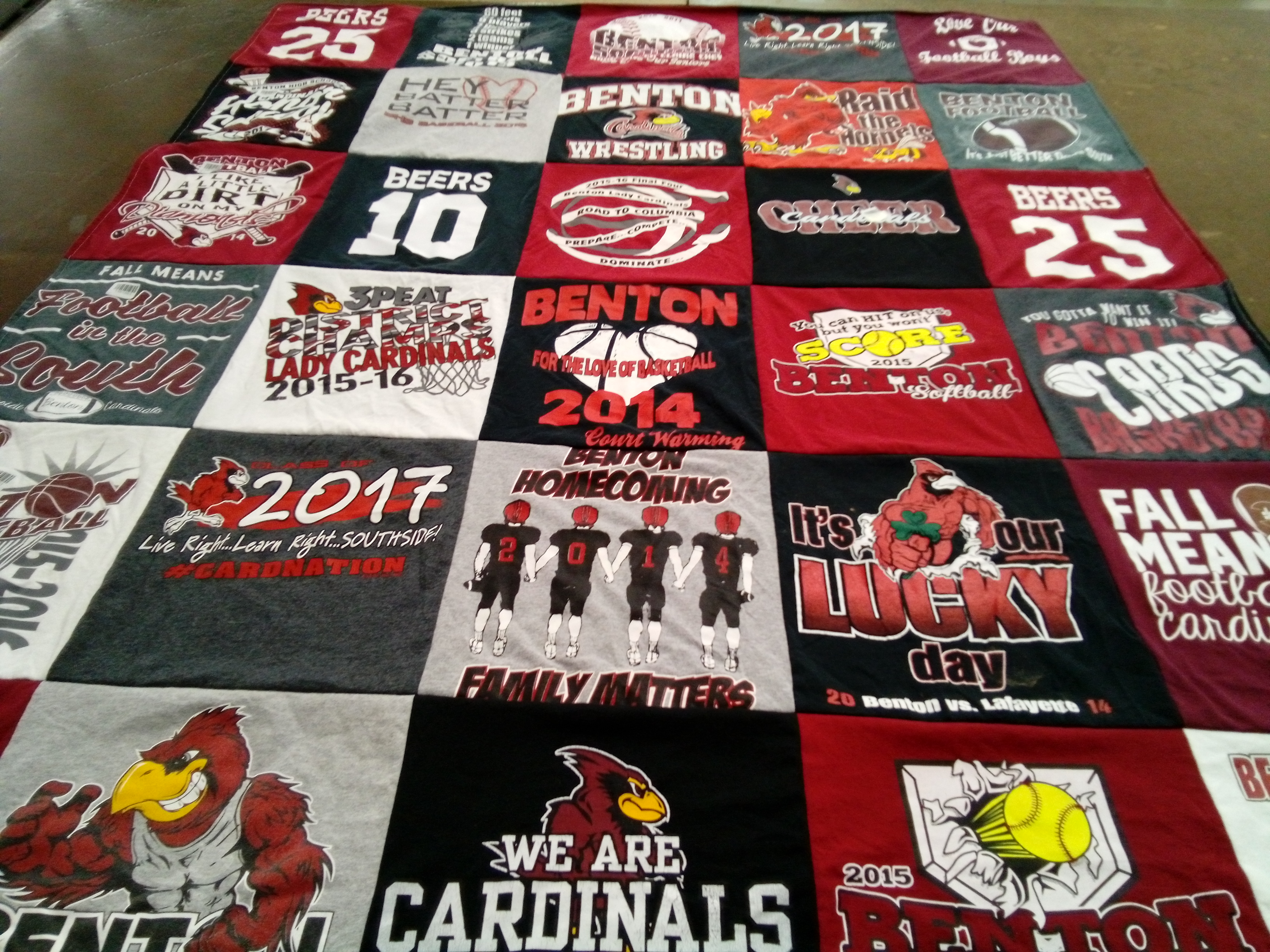 T-shirt quilt featuring benton lady cardinals, benton cardinals by Tayler from KS