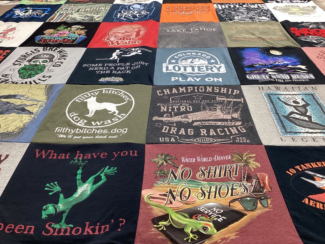 T-shirt quilt with brewing, drag racing themes by DeeAnna from CO