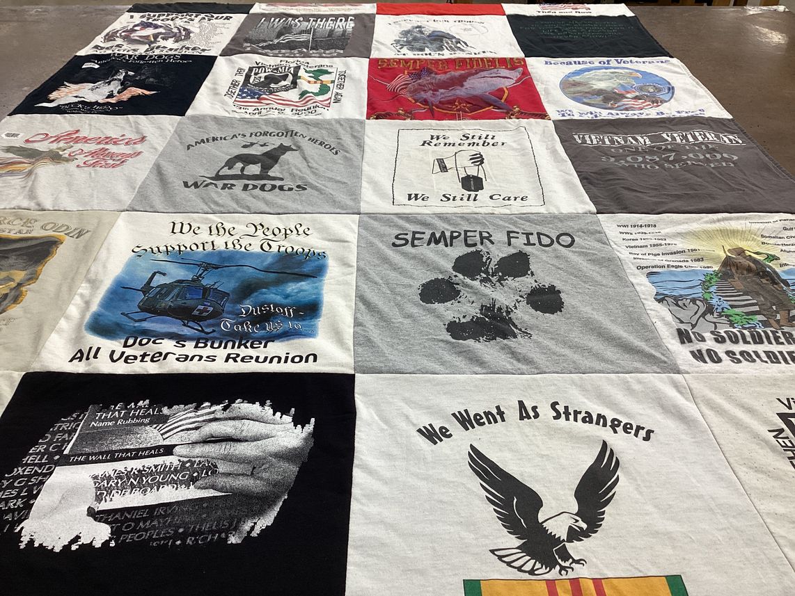 T-shirt quilt with veterans support, military history themes by Debra from FL