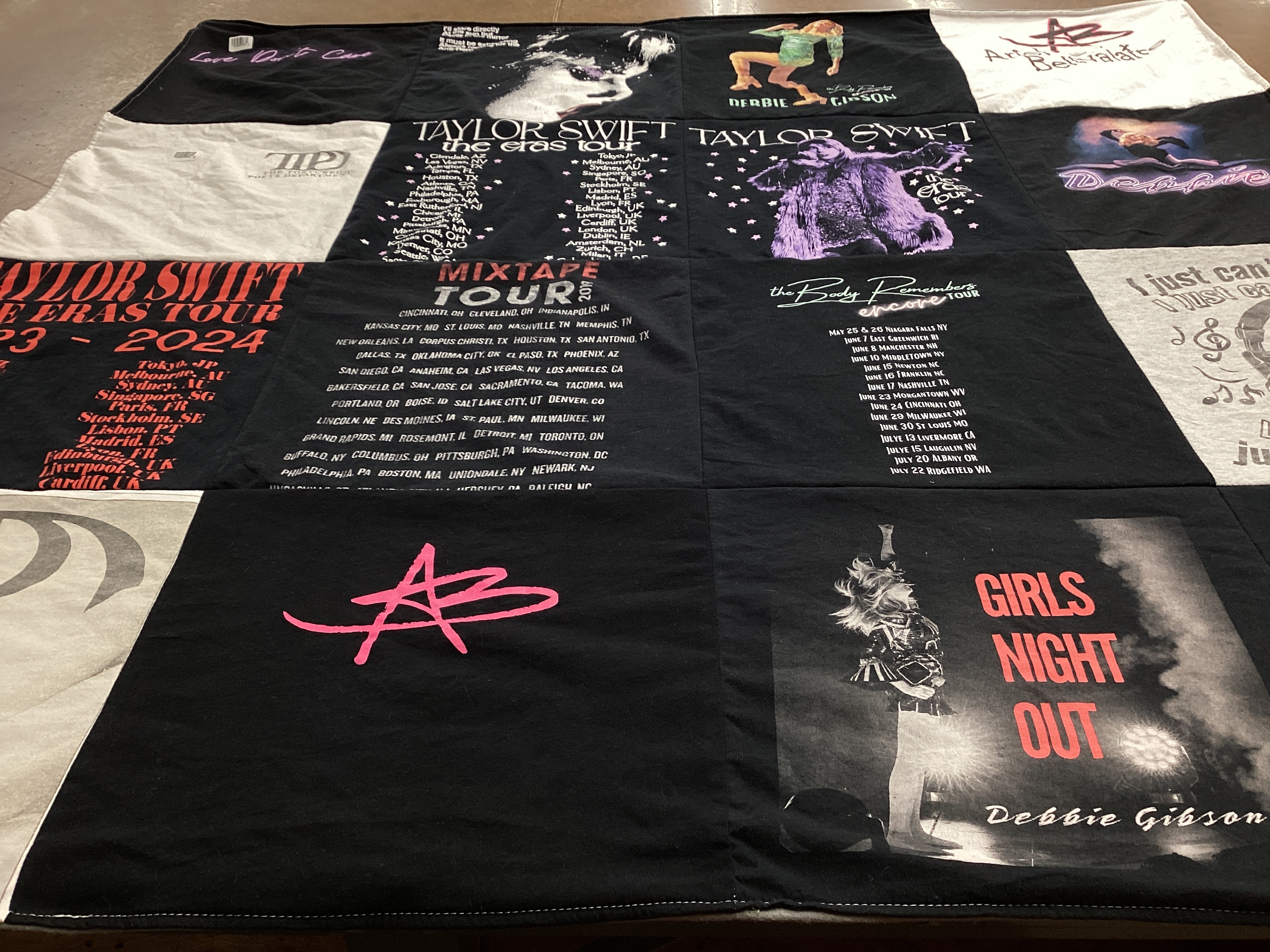 T-shirt quilt with music, concerts themes by Lisa from NV