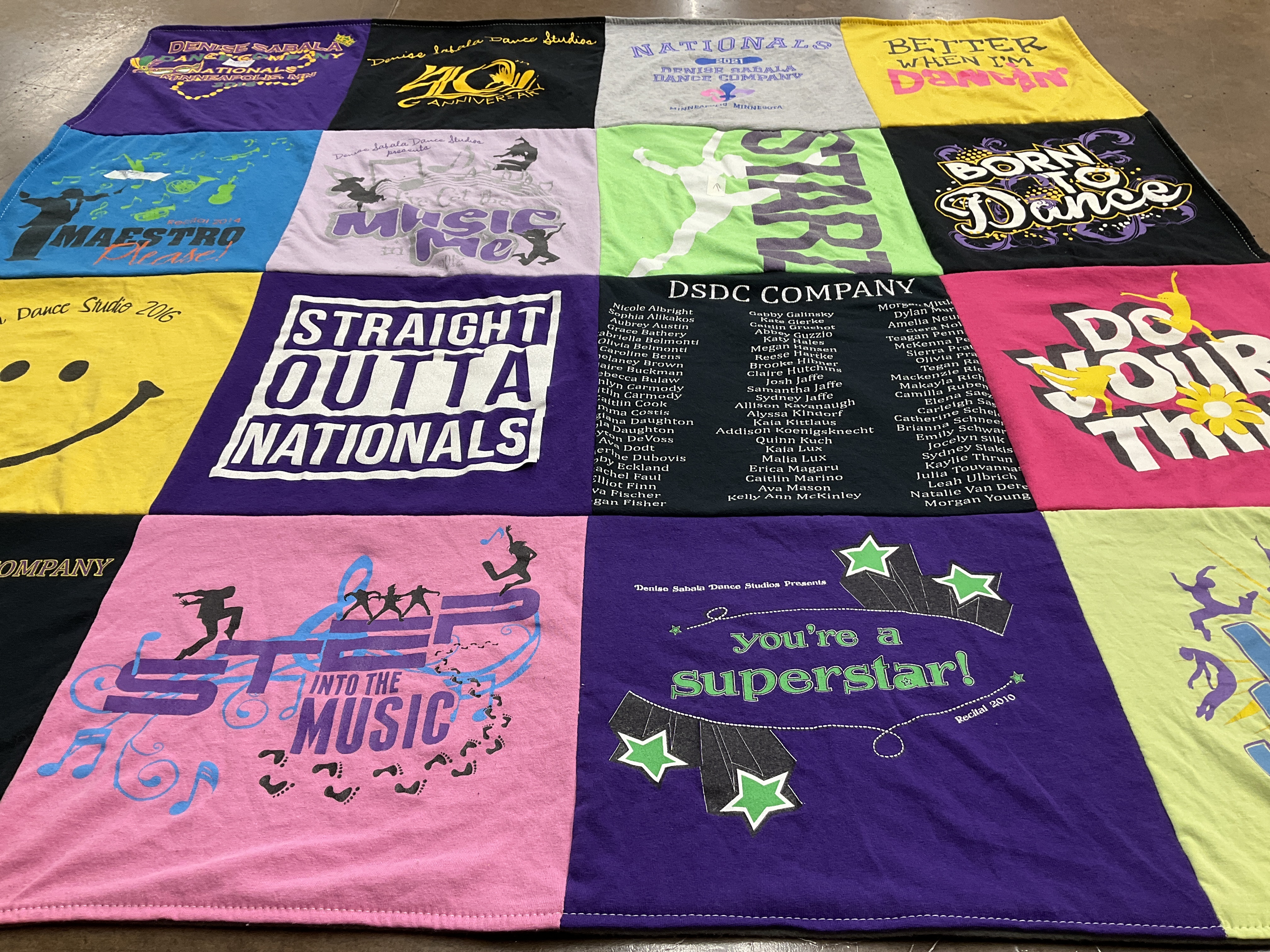 T-shirt quilt with dance, music themes by Karen from IL