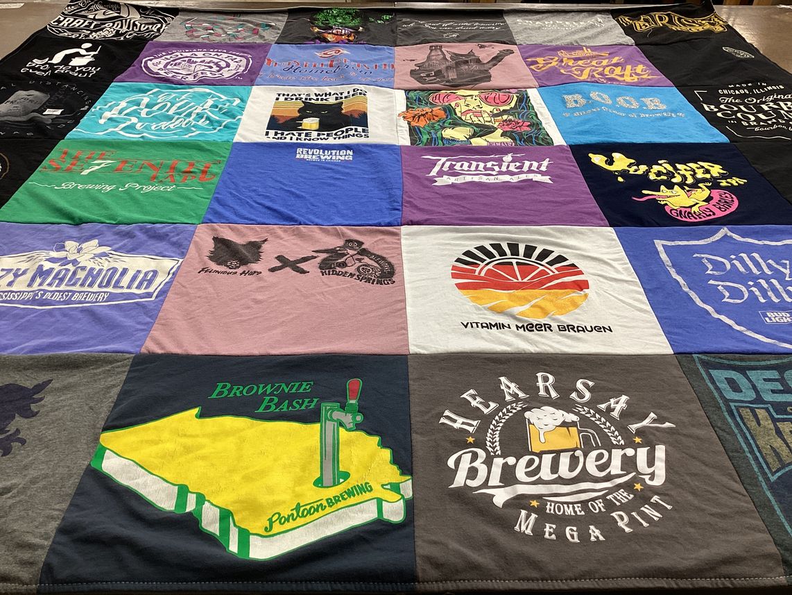 T-shirt quilt with brewing, craft beer themes by Charesse from MI