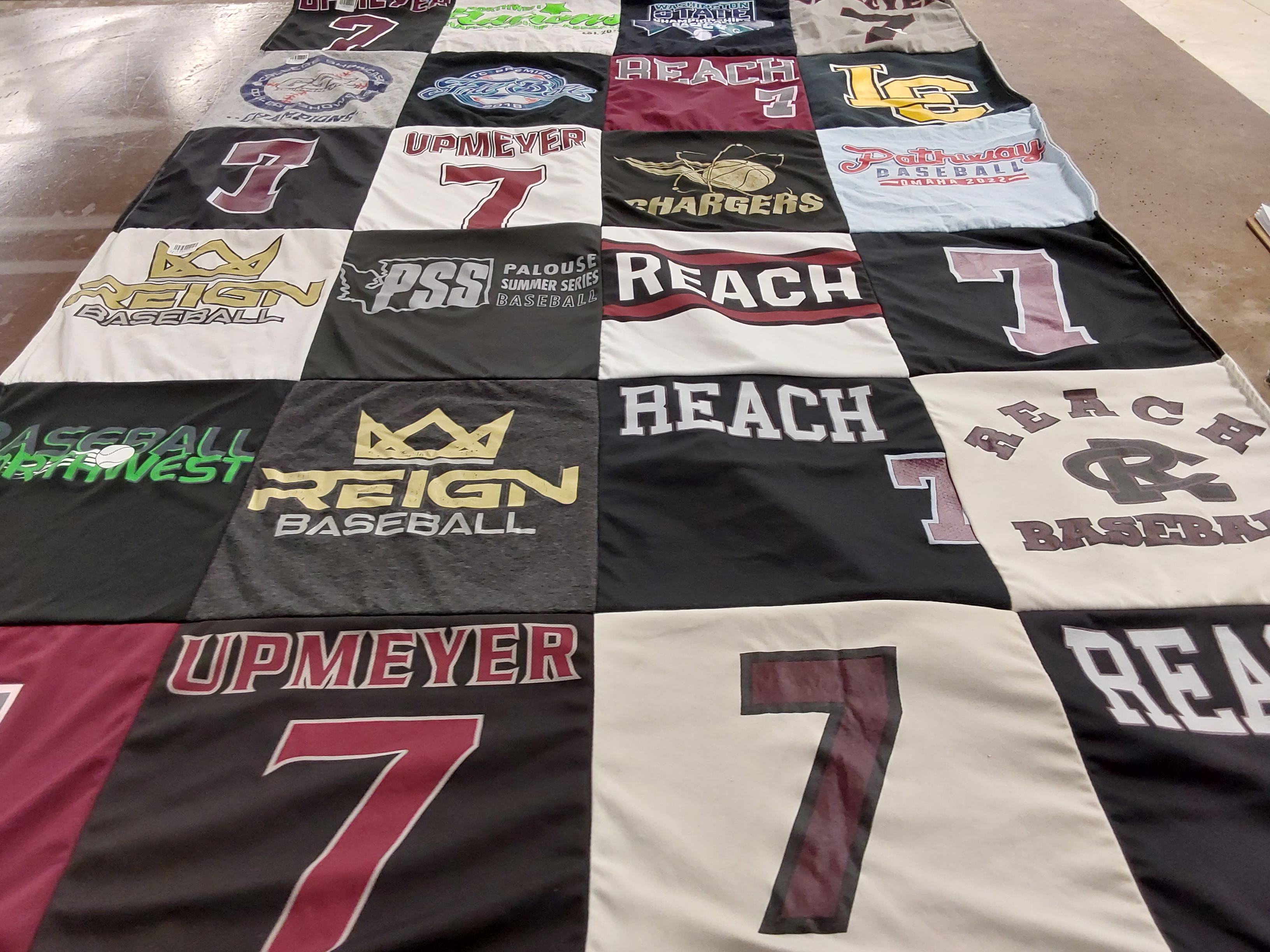 T-shirt quilt with baseball, sports themes by Erica from WA