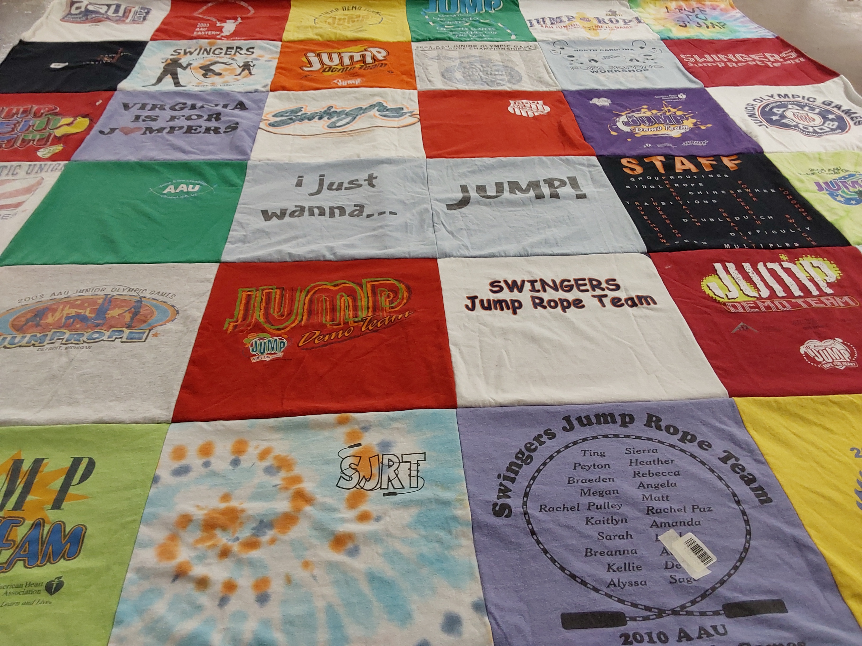T-shirt quilt with jump rope, sports themes by Angela from VA