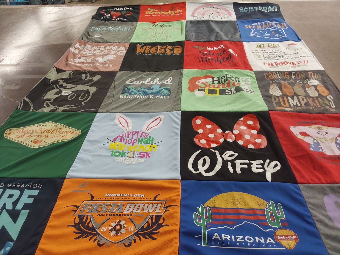 T-shirt quilt with running, marathons themes by Katie from GA
