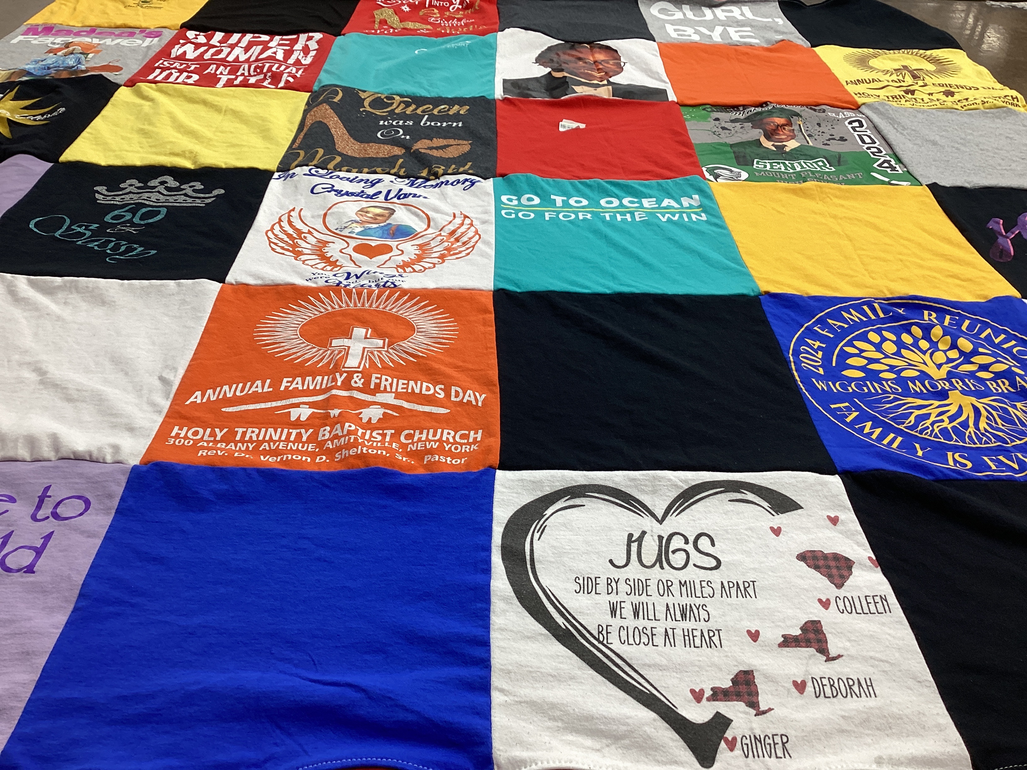 T-shirt quilt with family, religion themes by DEBORAH from NY