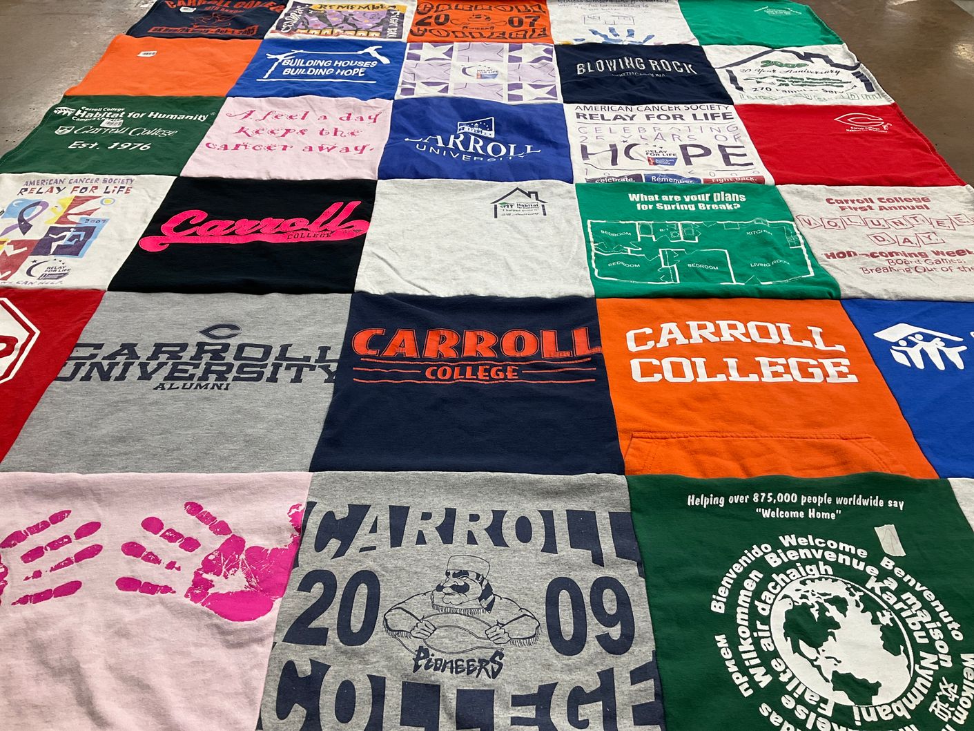 T-shirt quilt featuring carroll college bombers by Lindsay from WI