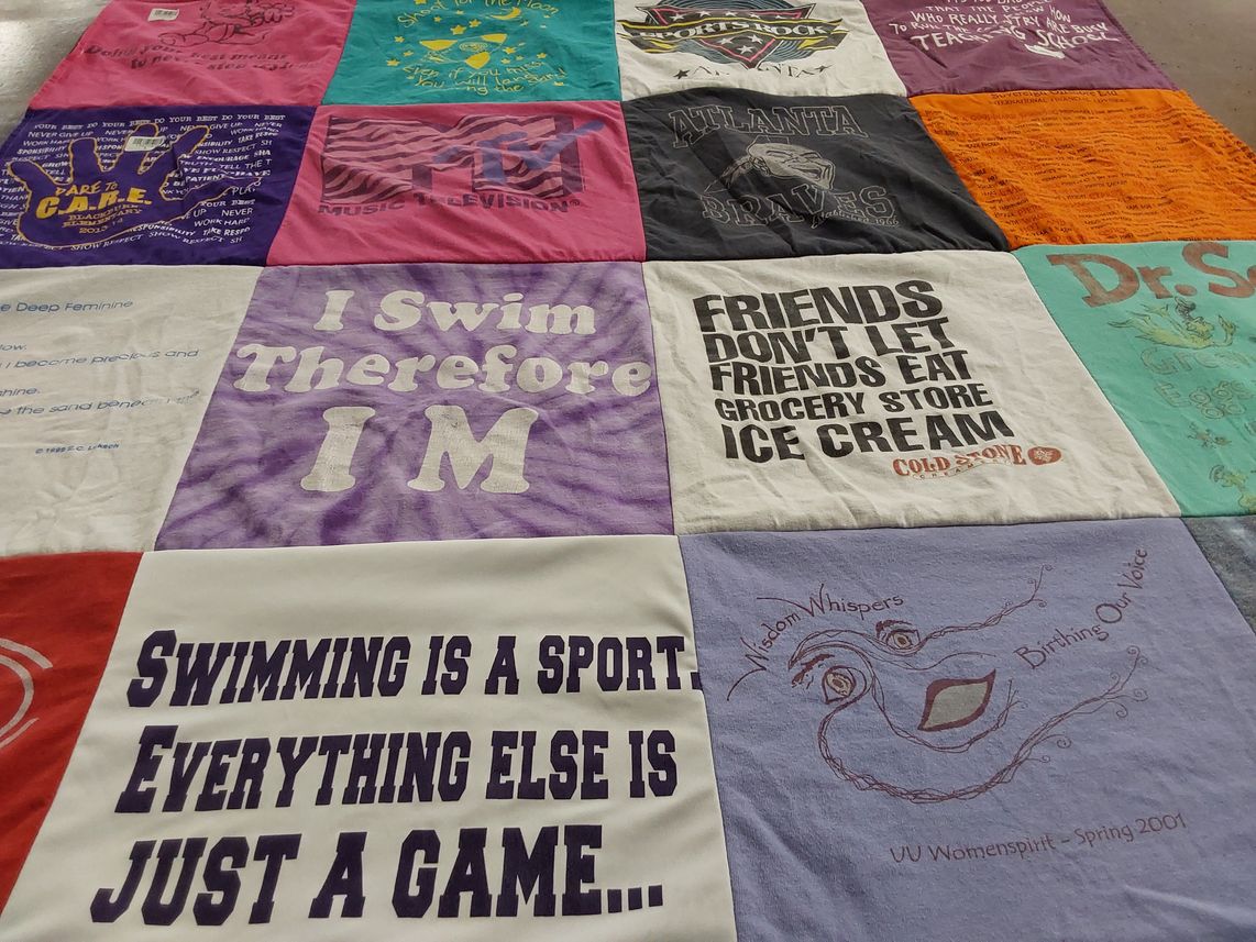 T-shirt quilt with swimming, music themes by Stacey from GA