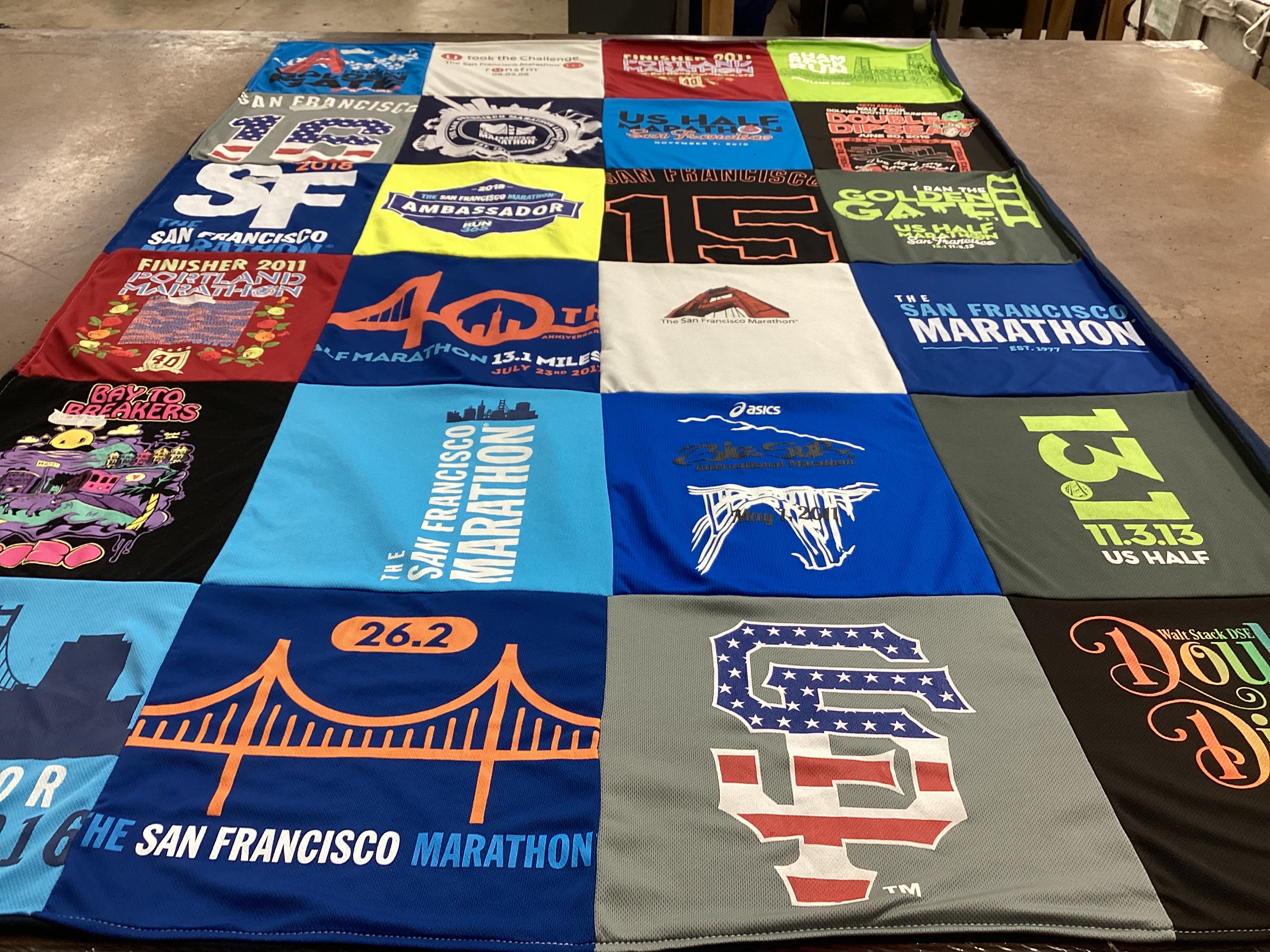 T-shirt quilt with running, marathons themes by Sherry from OR