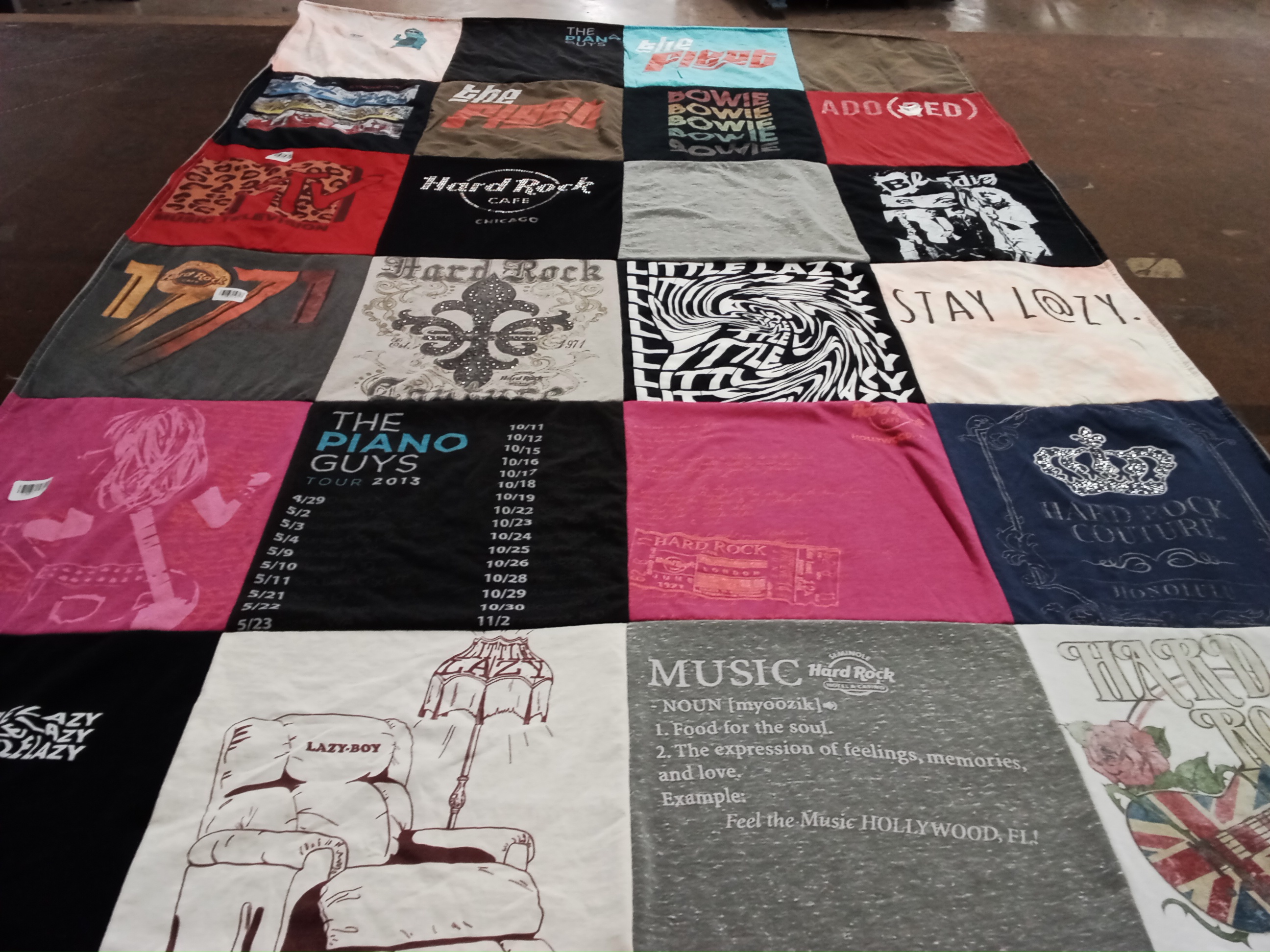 T-shirt quilt with music, concerts themes by Maria from FL