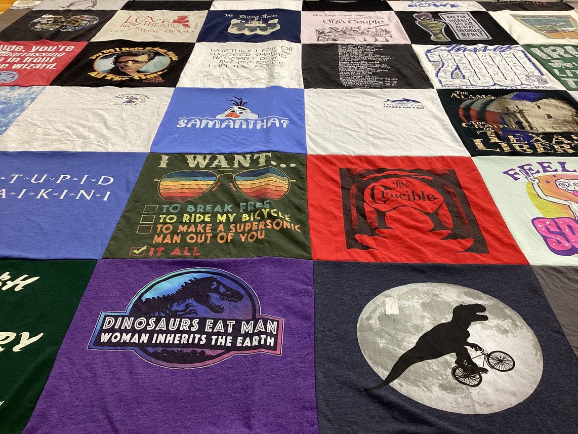 T-shirt quilt with theater, pop culture themes by Angel from IL