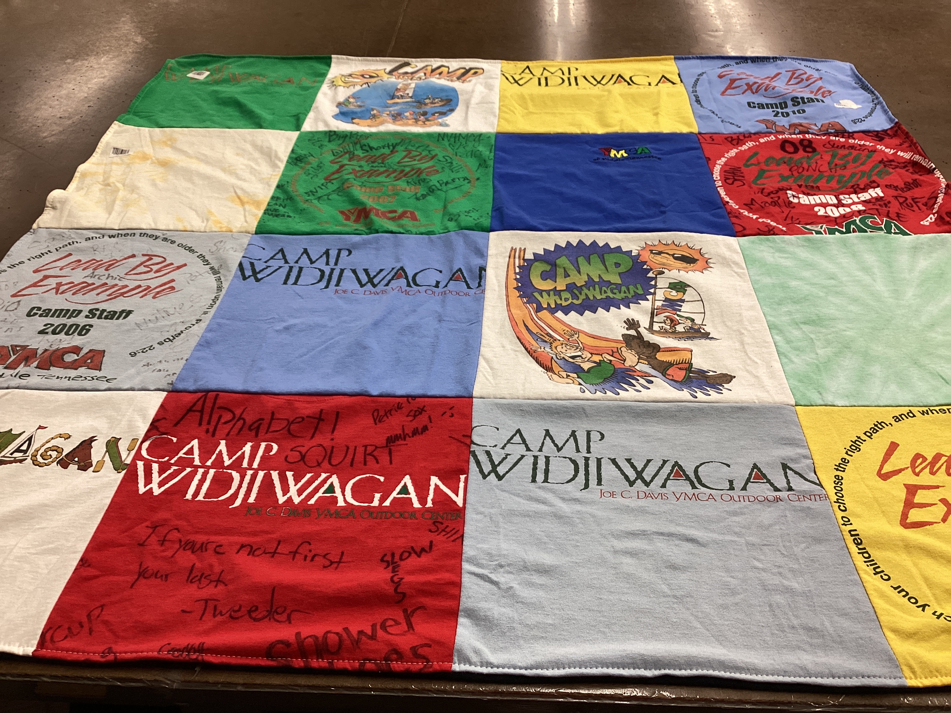 T-shirt quilt with camping, outdoor activities themes by Rachel from TN