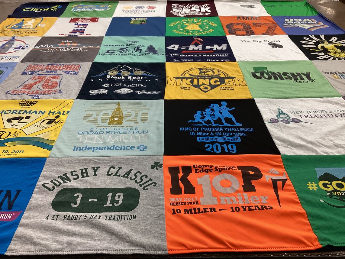 T-shirt quilt with running, triathlons themes by Santiago from PA