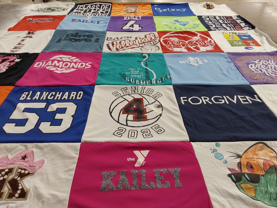 T-shirt quilt with volleyball, sports themes by Susanna from TX