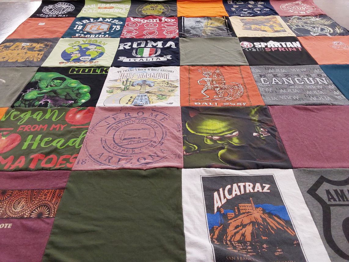 T-shirt quilt with veganism, travel themes by Serena from AZ