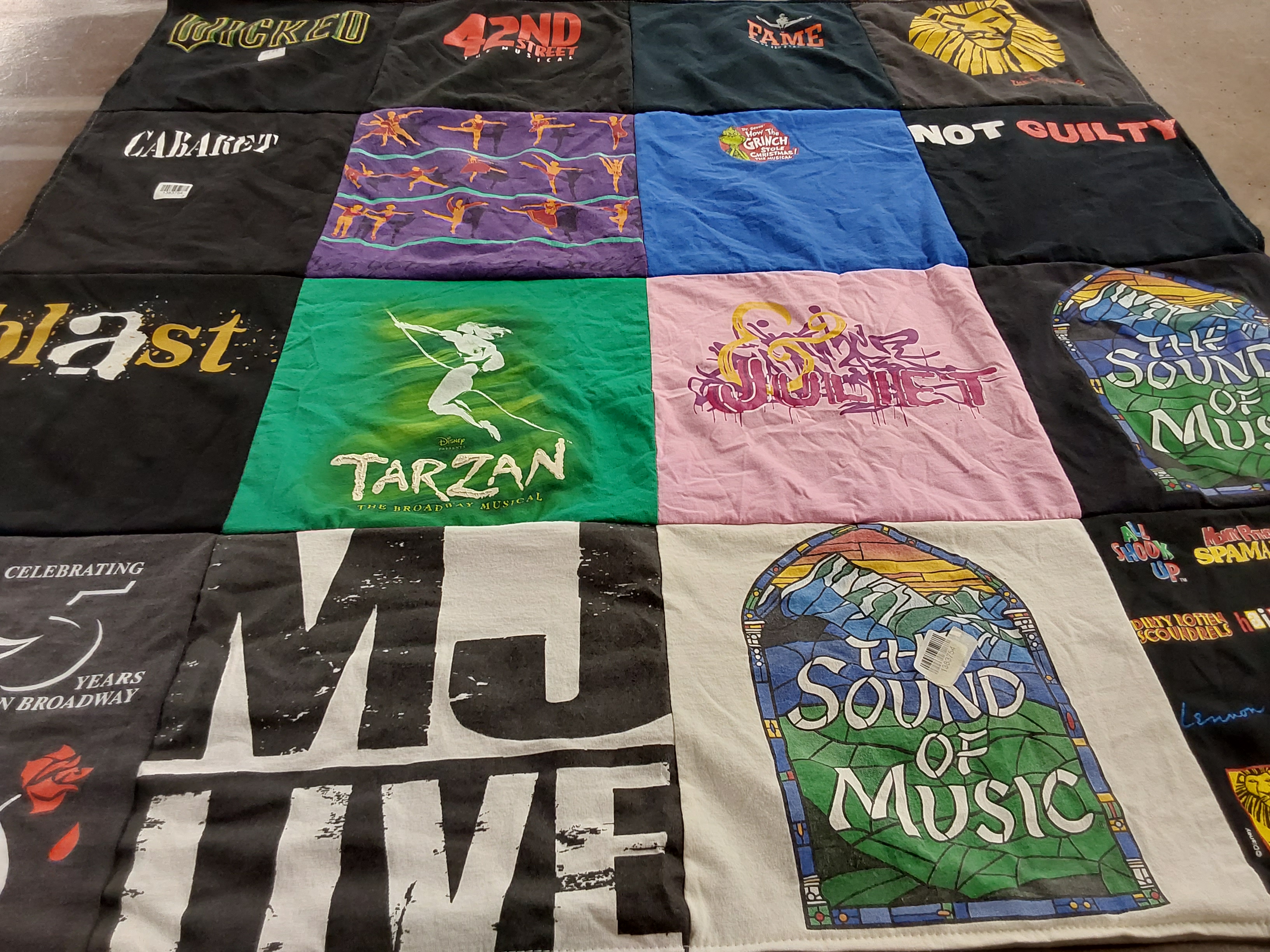 T-shirt quilt with musicals, theater themes by Leslie from MD