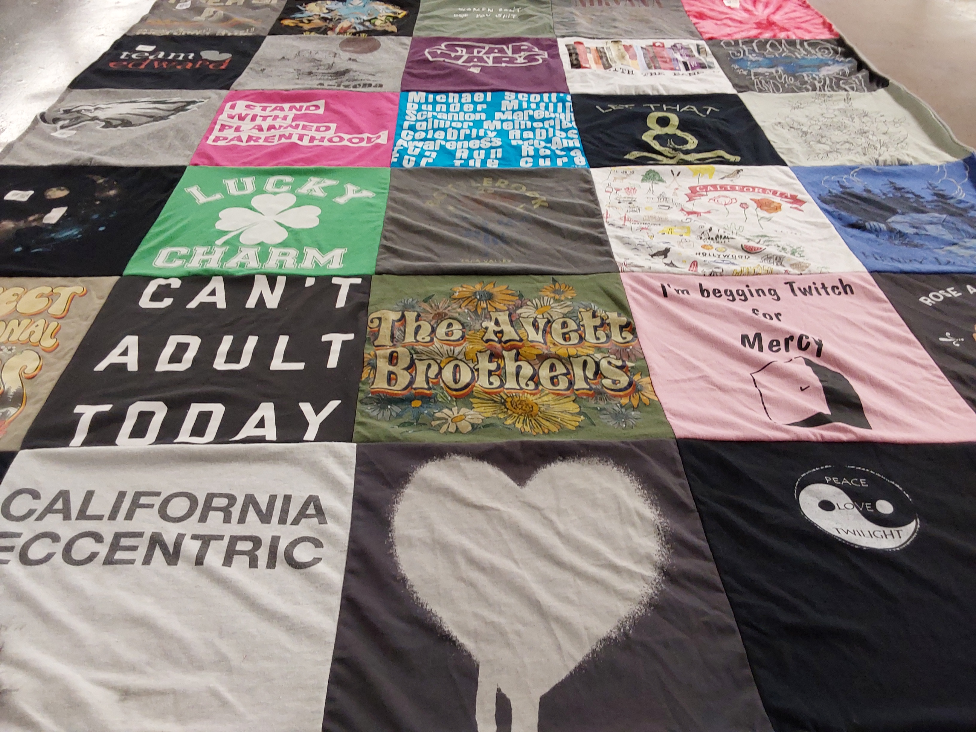 T-shirt quilt with politics, music themes by Cindy from CA