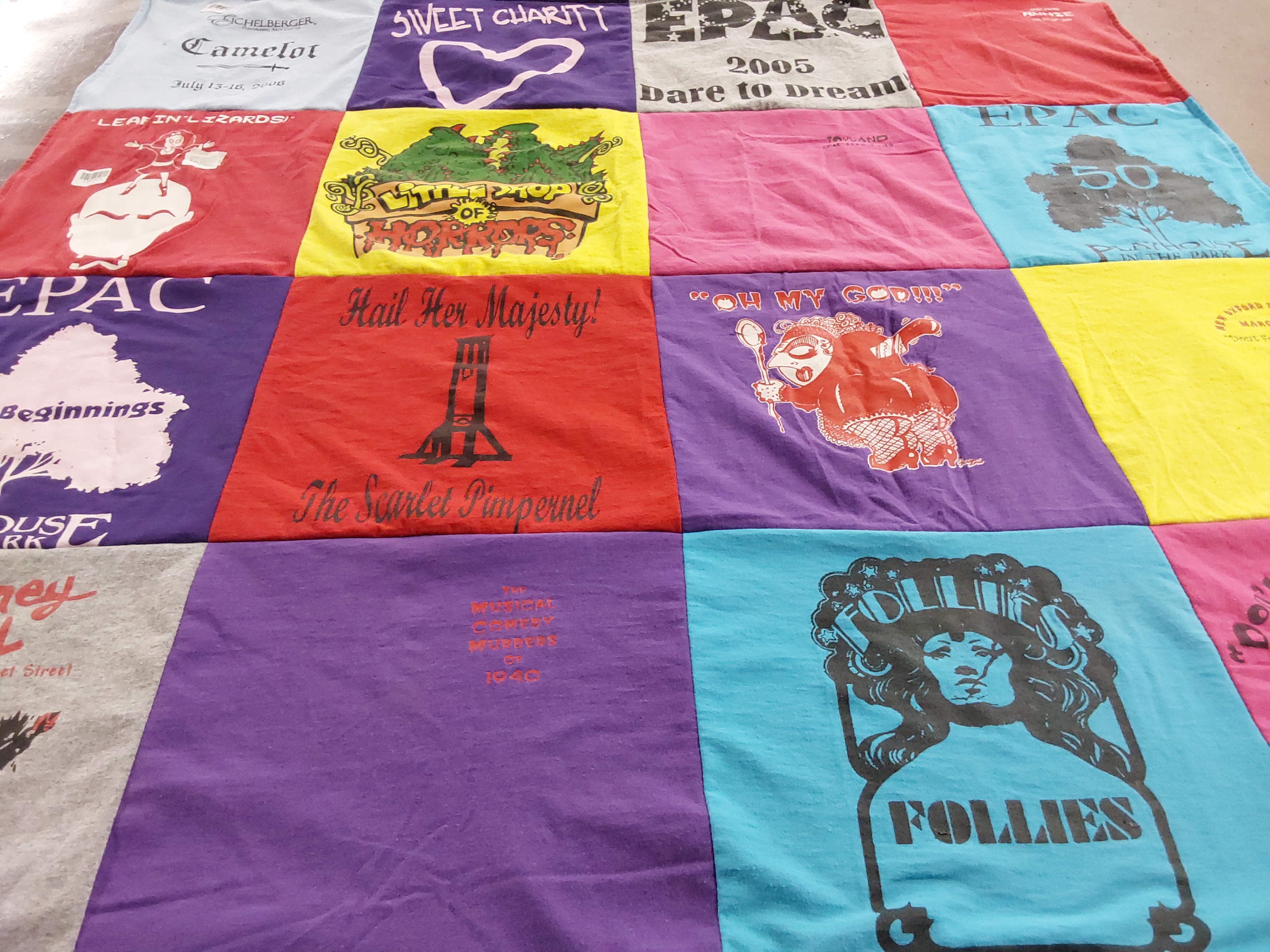 T-shirt quilt with musicals, theater themes by Carmela from PA