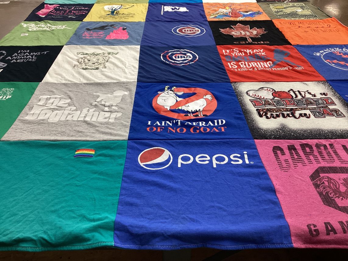 T-shirt quilt with animals, baseball themes by Joan from SC