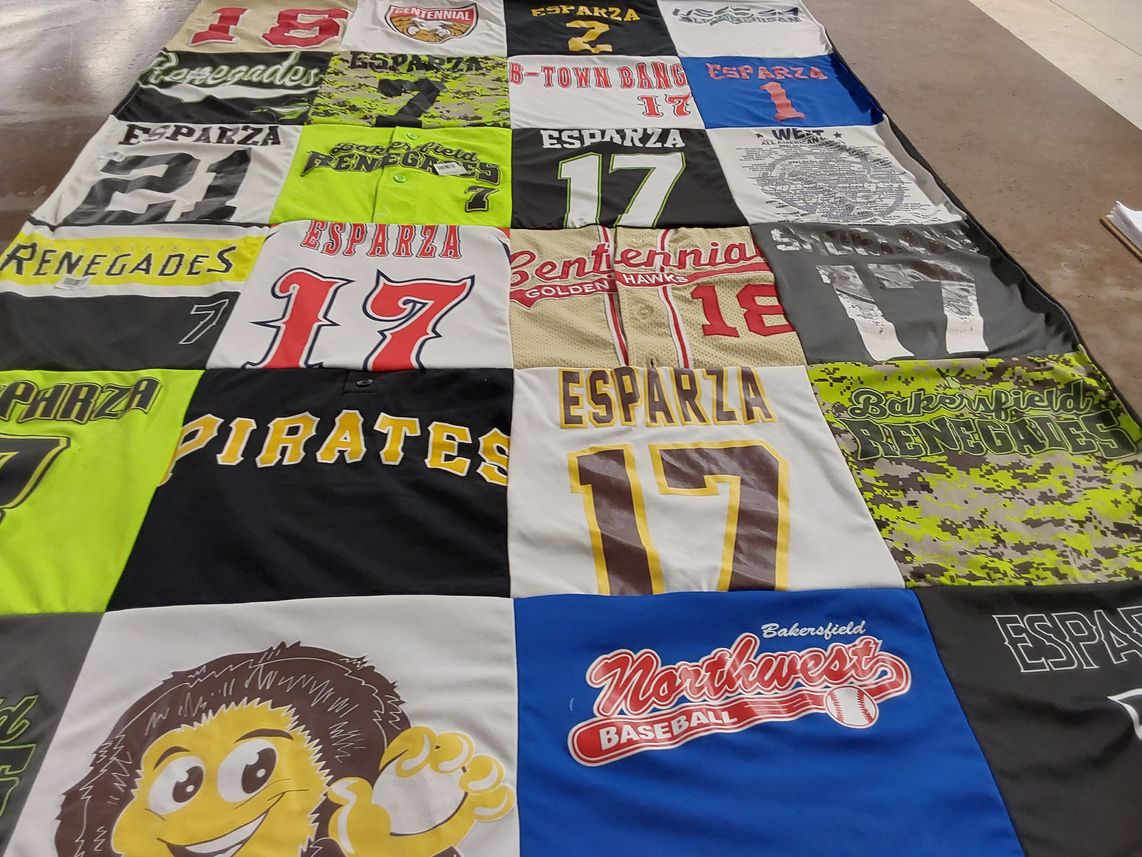 T-shirt quilt with baseball, sports themes by MARIA from CA